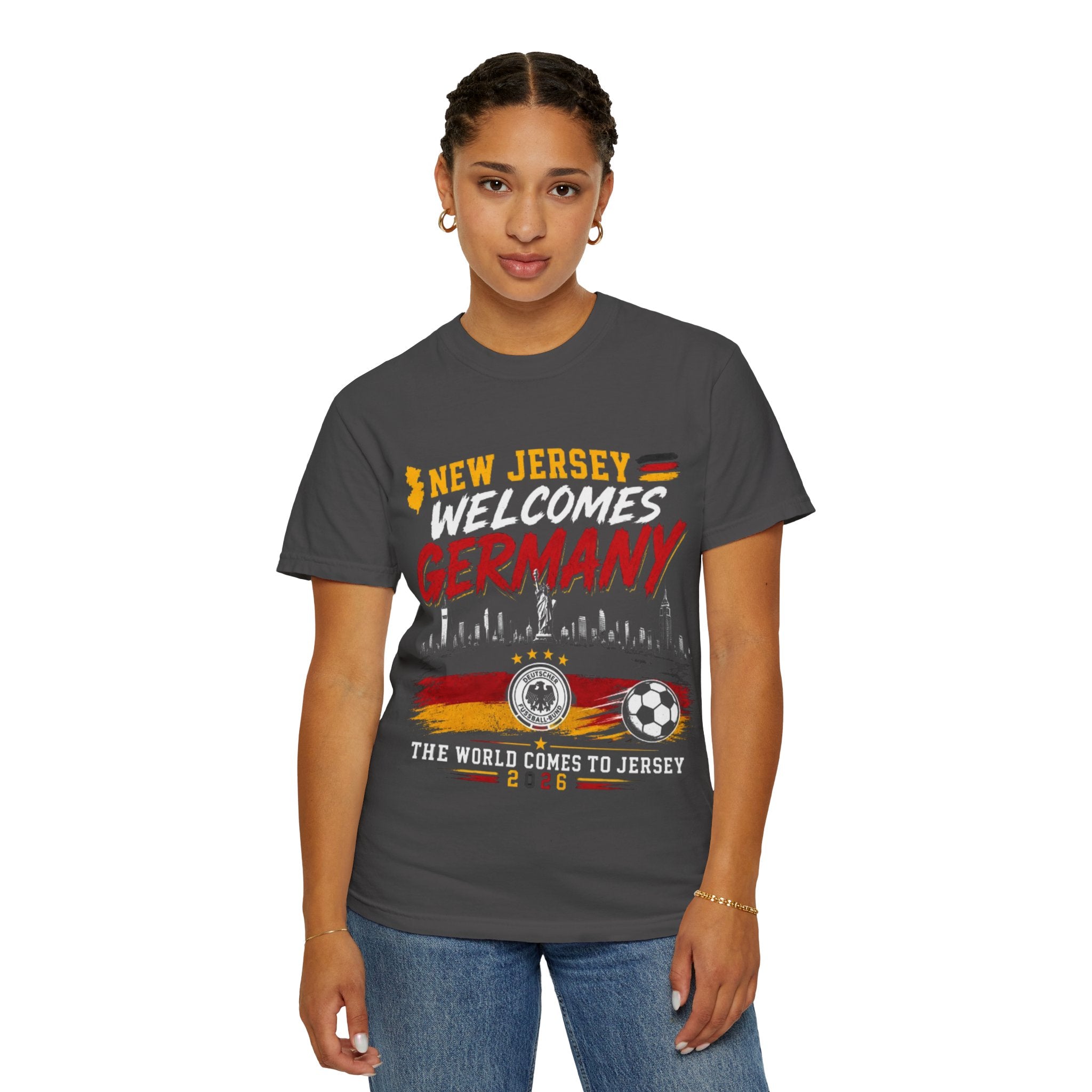 New Jersey Welcomes Germany T-Shirt | Soccer Flag Skyline Design