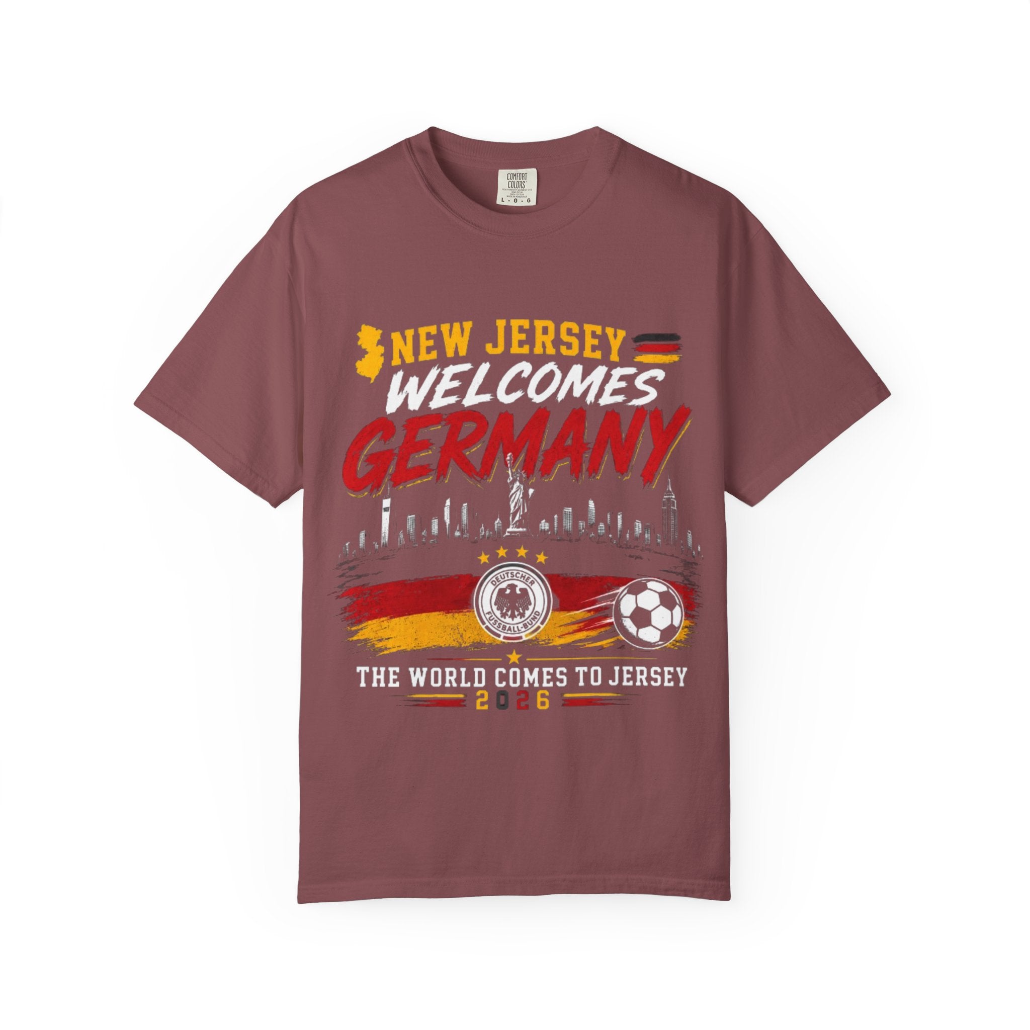 New Jersey Welcomes Germany T-Shirt | Soccer Flag Skyline Design