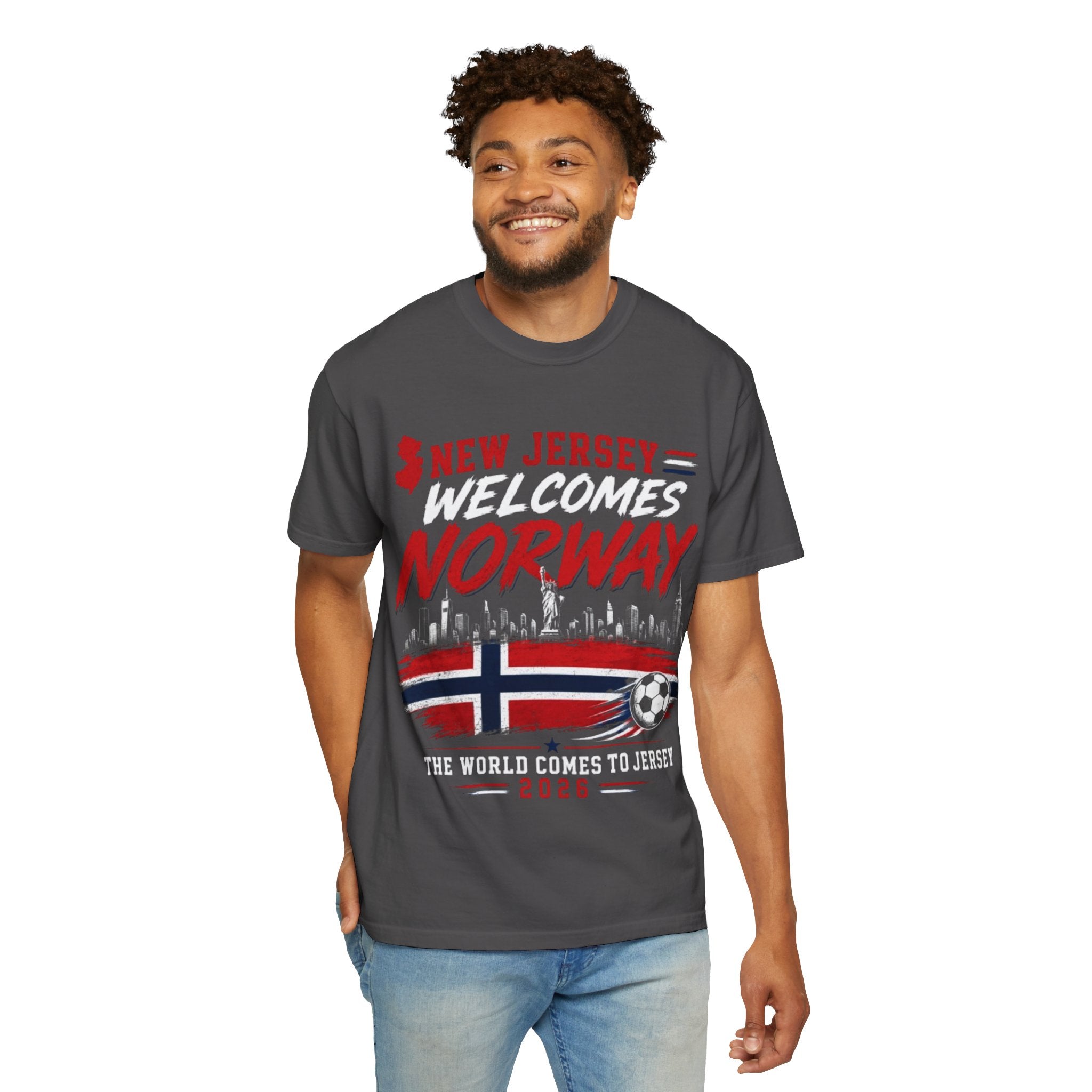 New Jersey Welcomes Norway T-Shirt | Norway Flag Soccer Jersey Skyline