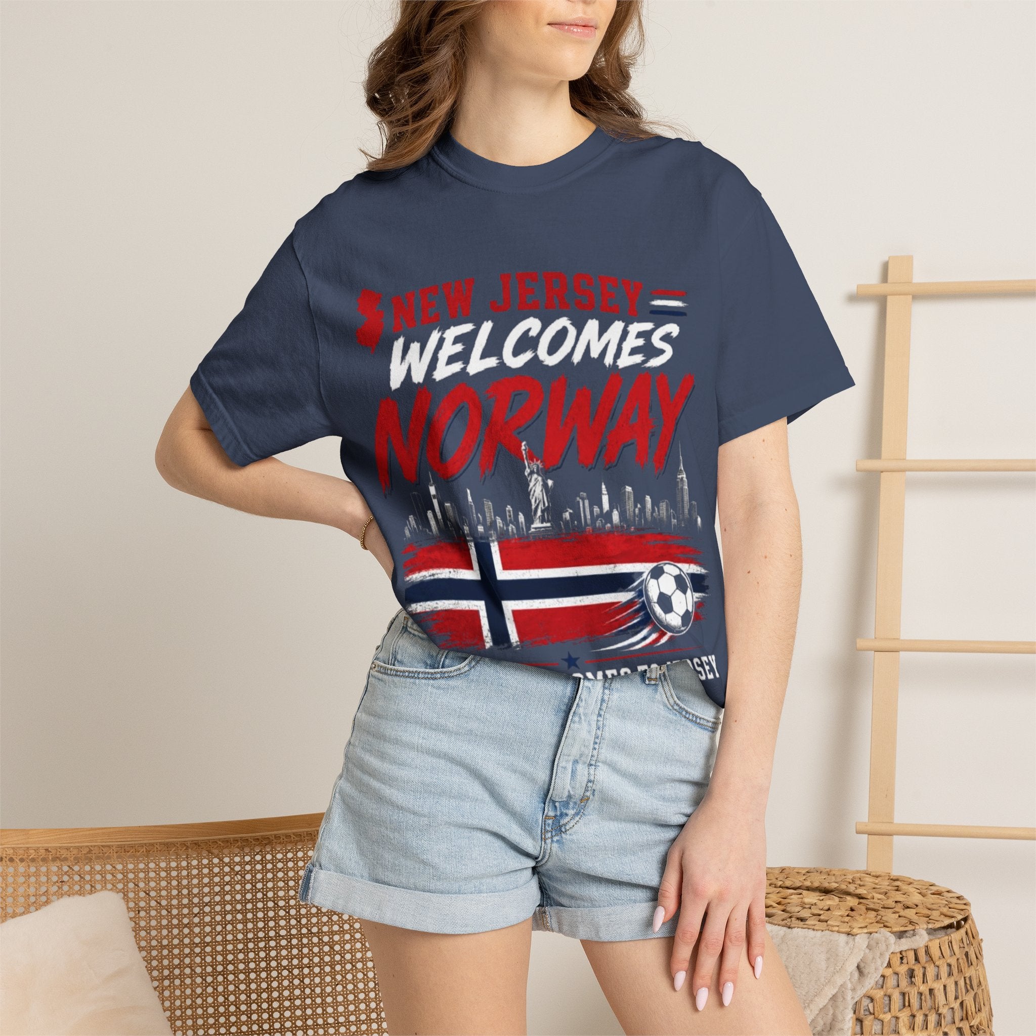 New Jersey Welcomes Norway T-Shirt | Norway Flag Soccer Jersey Skyline