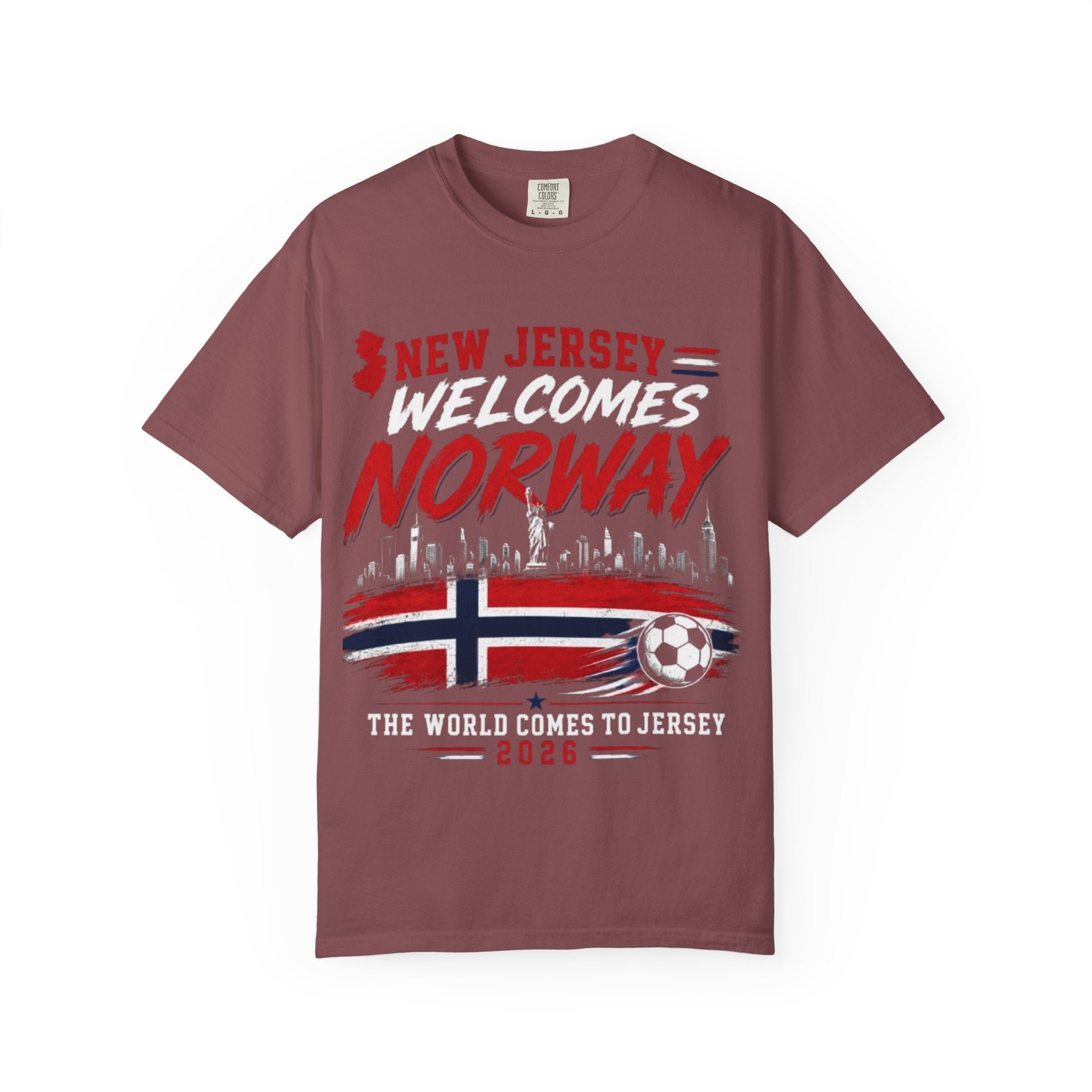 New Jersey Welcomes Norway T-Shirt | Norway Flag Soccer Jersey Skyline