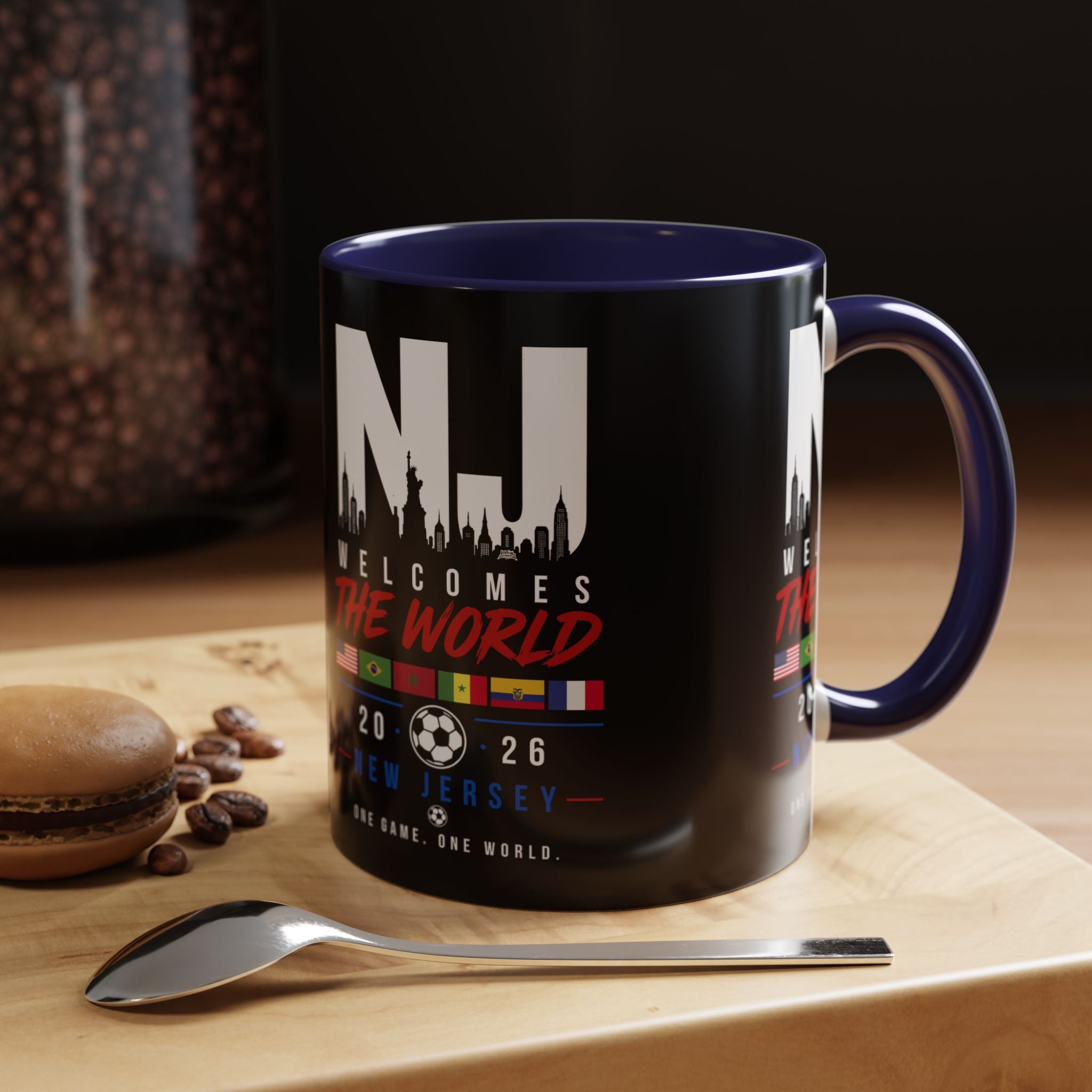 New Jersey Soccer World Cup Accent Coffee Mug — 'NJ Welcomes The World' 11/15oz