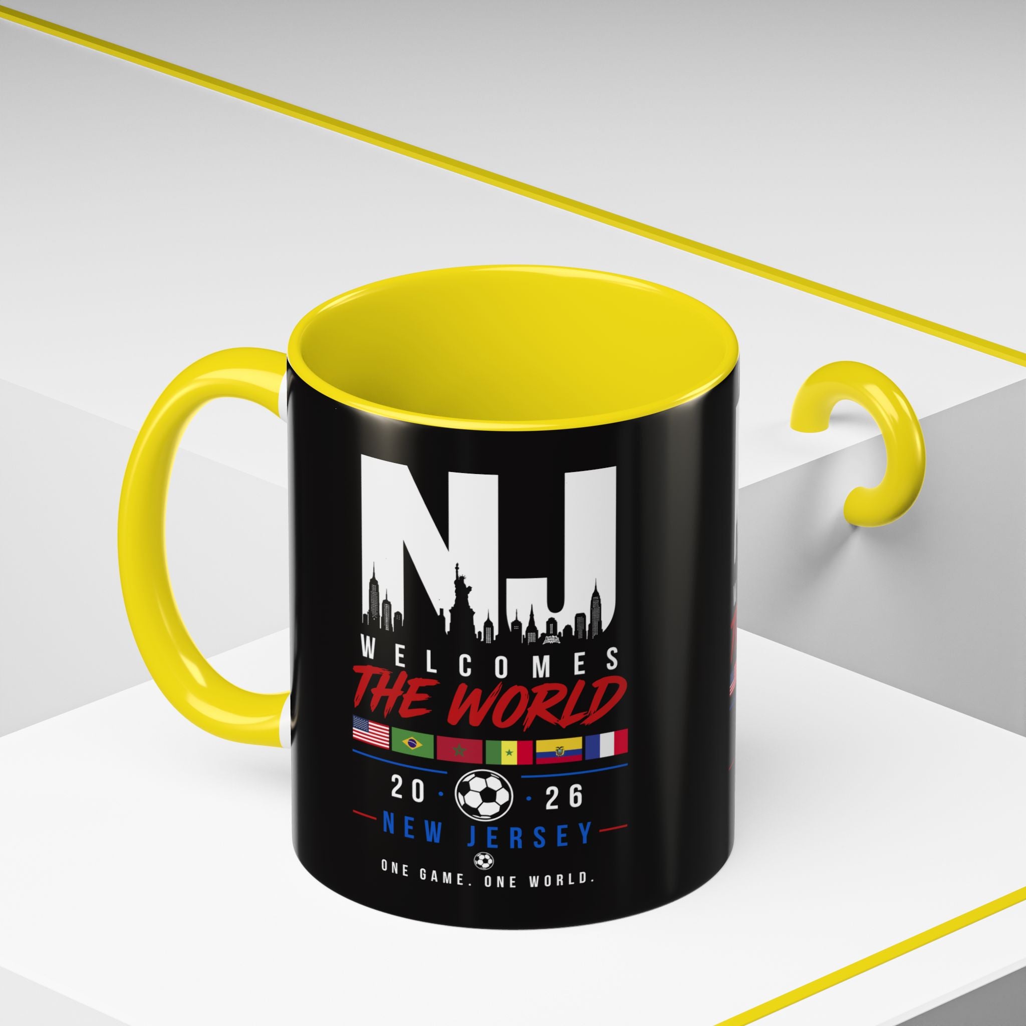 New Jersey Soccer World Cup Accent Coffee Mug — 'NJ Welcomes The World' 11/15oz