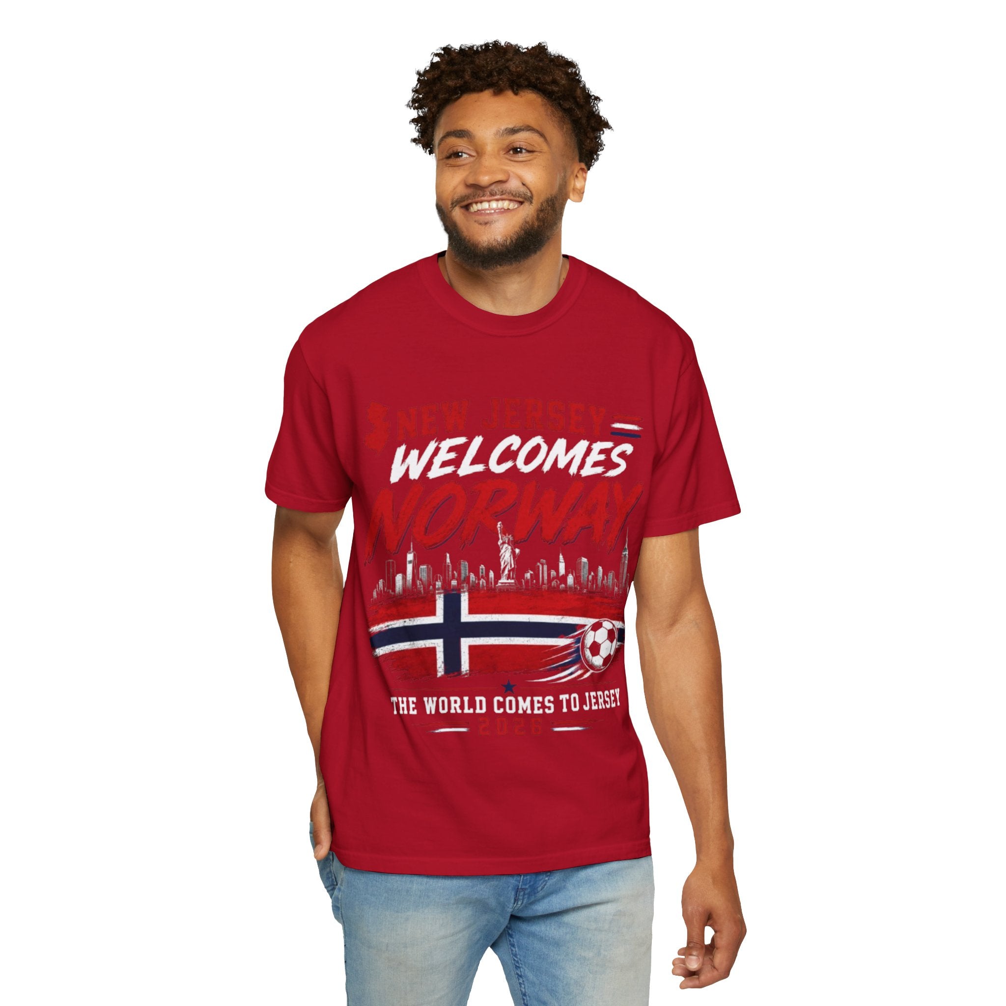 New Jersey Welcomes Norway T-Shirt | Norway Flag Soccer Jersey Skyline