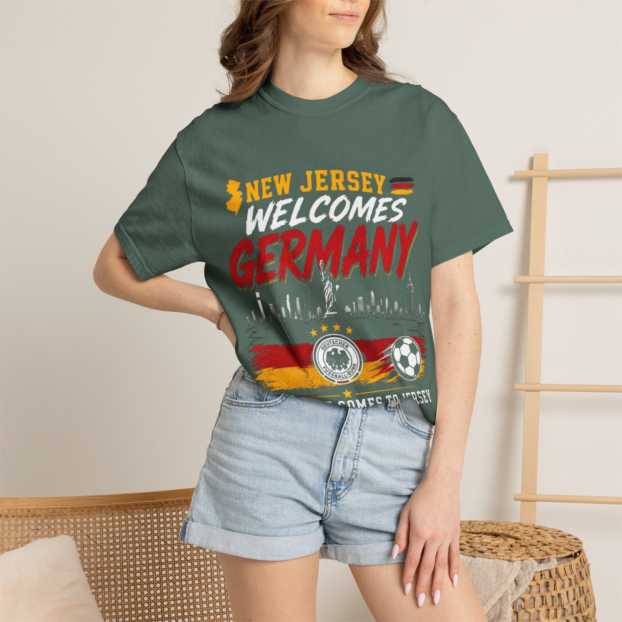 New Jersey Welcomes Germany T-Shirt | Soccer Flag Skyline Design
