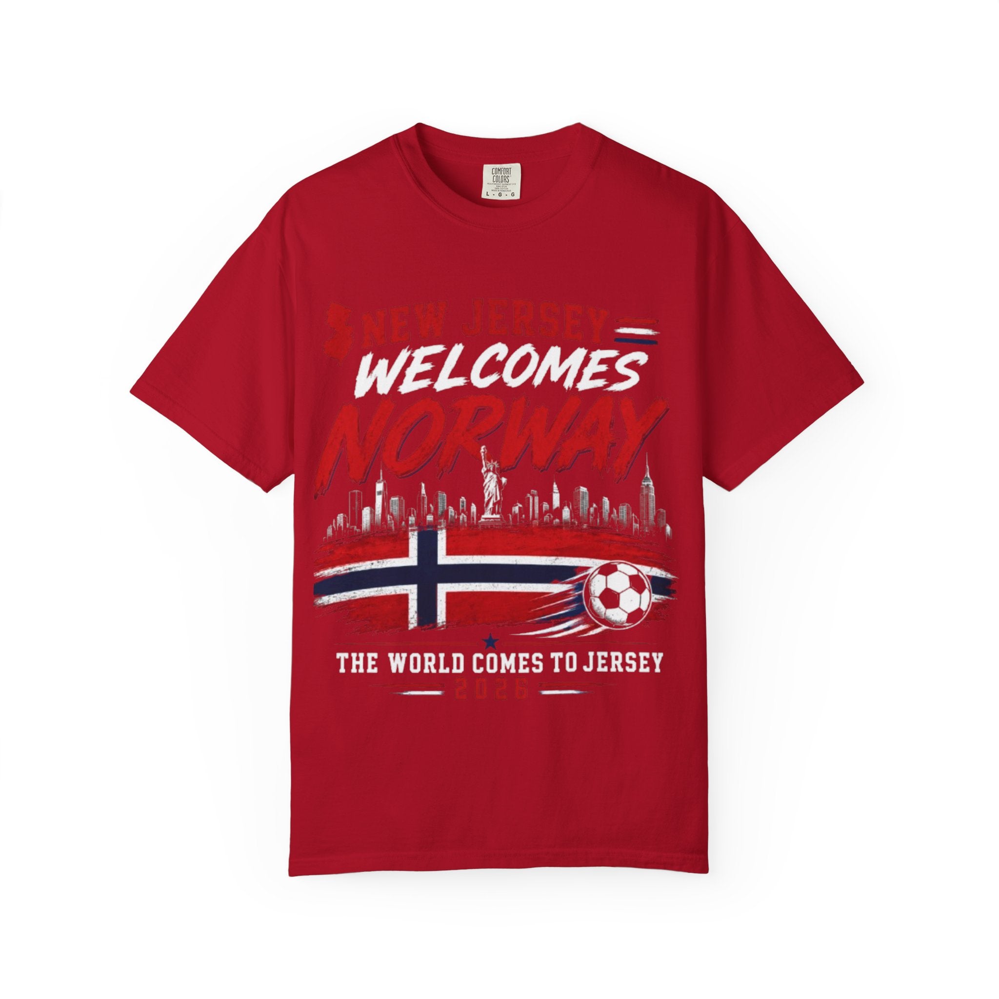 New Jersey Welcomes Norway T-Shirt | Norway Flag Soccer Jersey Skyline