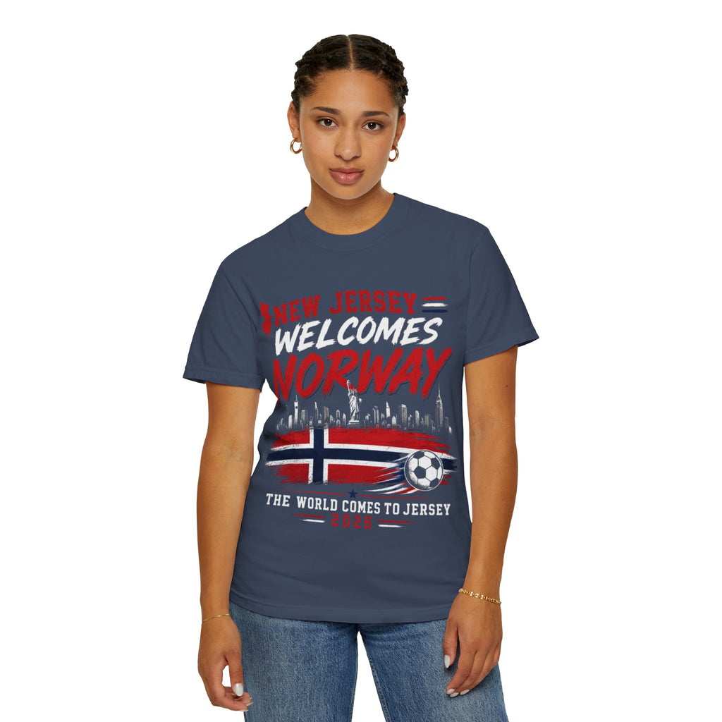 New Jersey Welcomes Norway T-Shirt | Norway Flag Soccer Jersey Skyline
