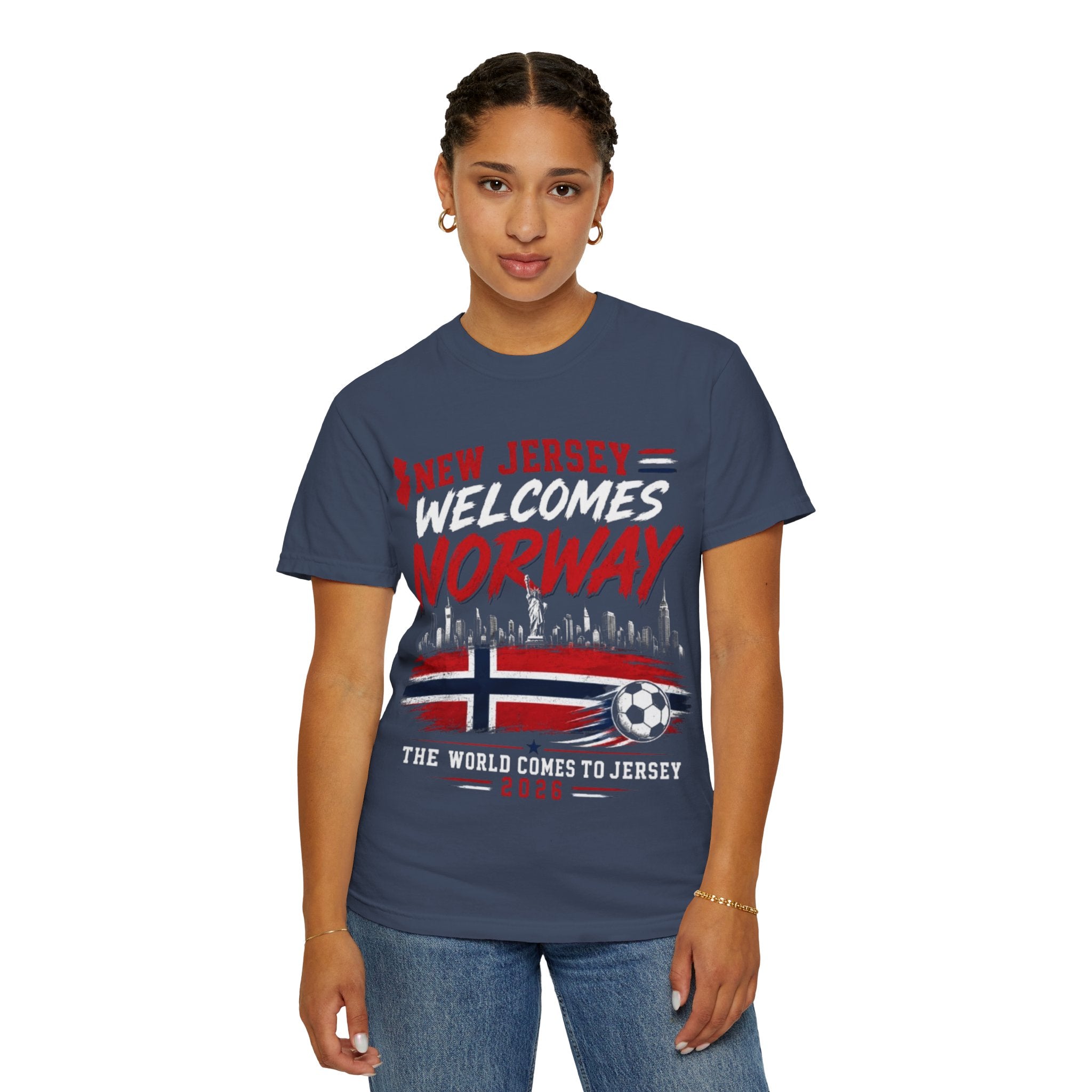 New Jersey Welcomes Norway T-Shirt | Norway Flag Soccer Jersey Skyline