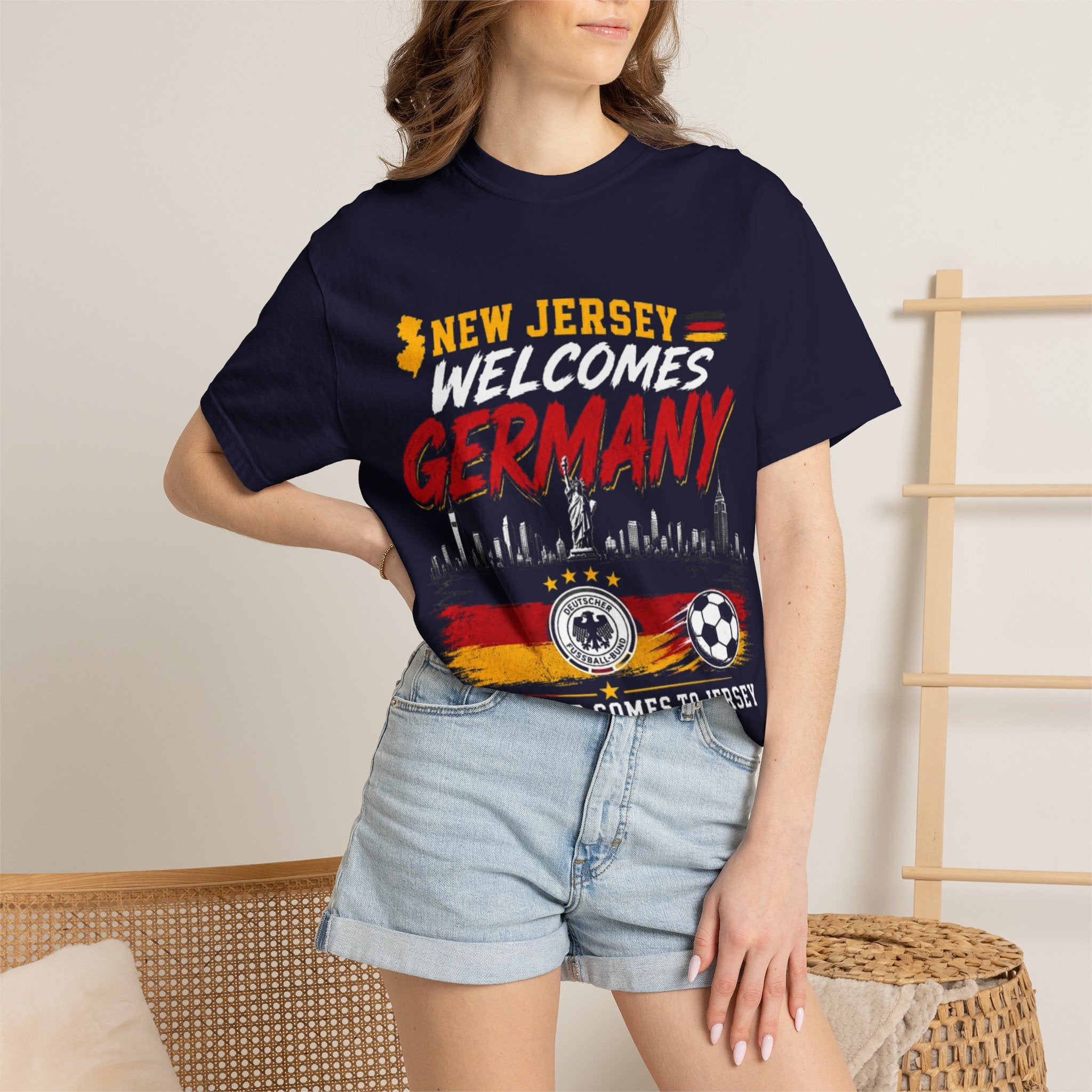 New Jersey Welcomes Germany T-Shirt | Soccer Flag Skyline Design