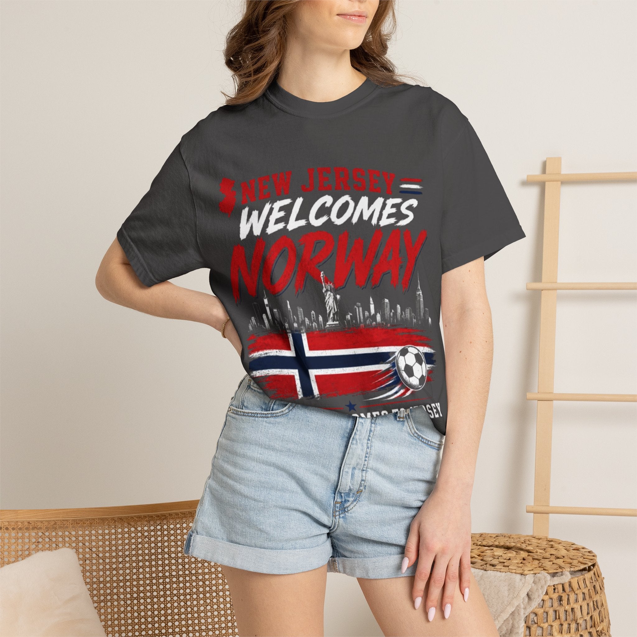 New Jersey Welcomes Norway T-Shirt | Norway Flag Soccer Jersey Skyline