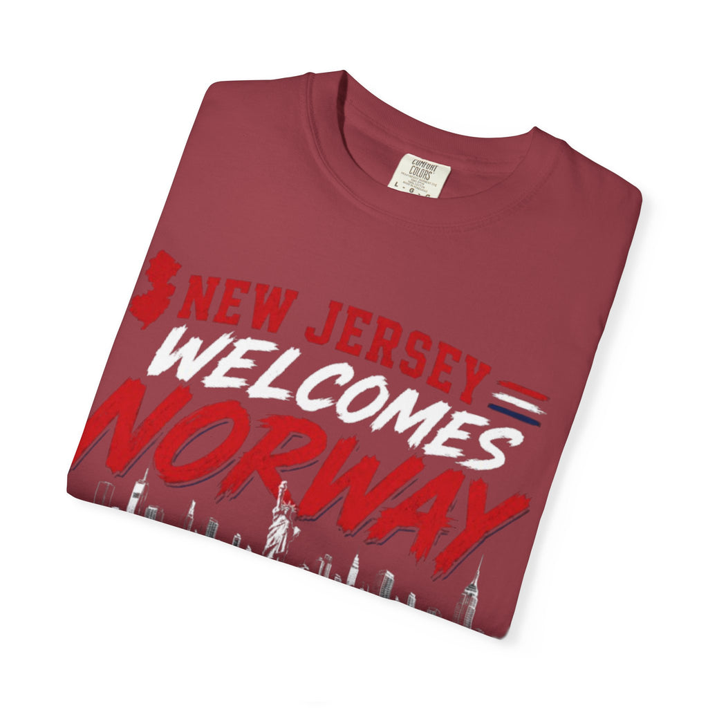 New Jersey Welcomes Norway T-Shirt | Norway Flag Soccer Jersey Skyline