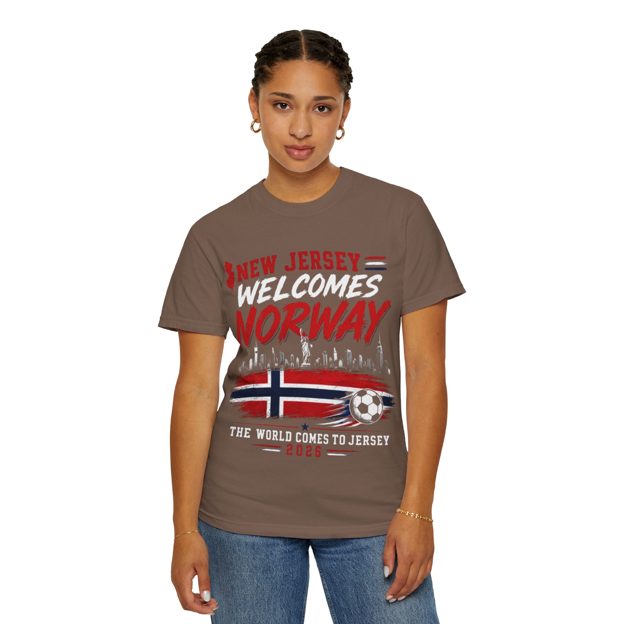 New Jersey Welcomes Norway T-Shirt | Norway Flag Soccer Jersey Skyline
