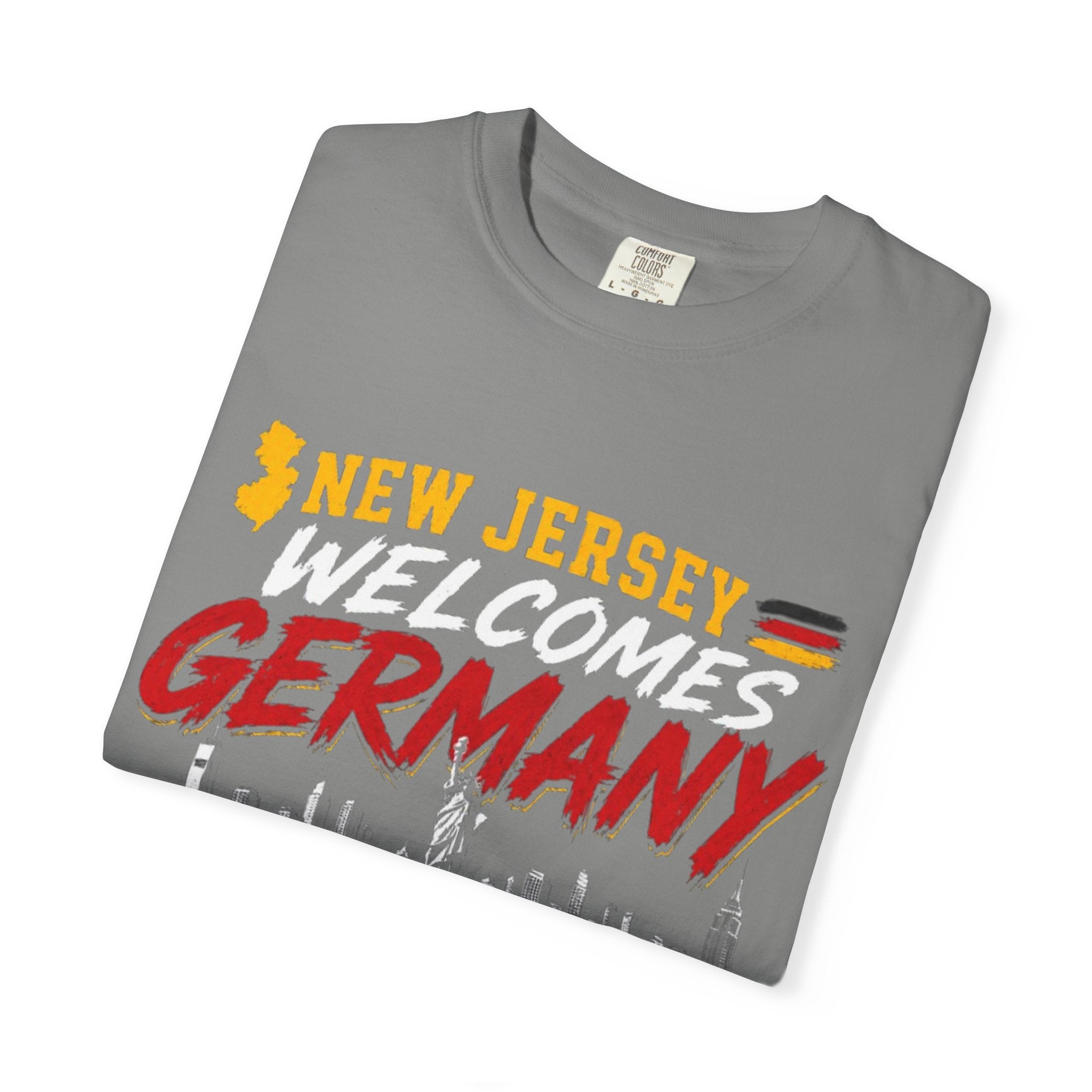 New Jersey Welcomes Germany T-Shirt | Soccer Flag Skyline Design
