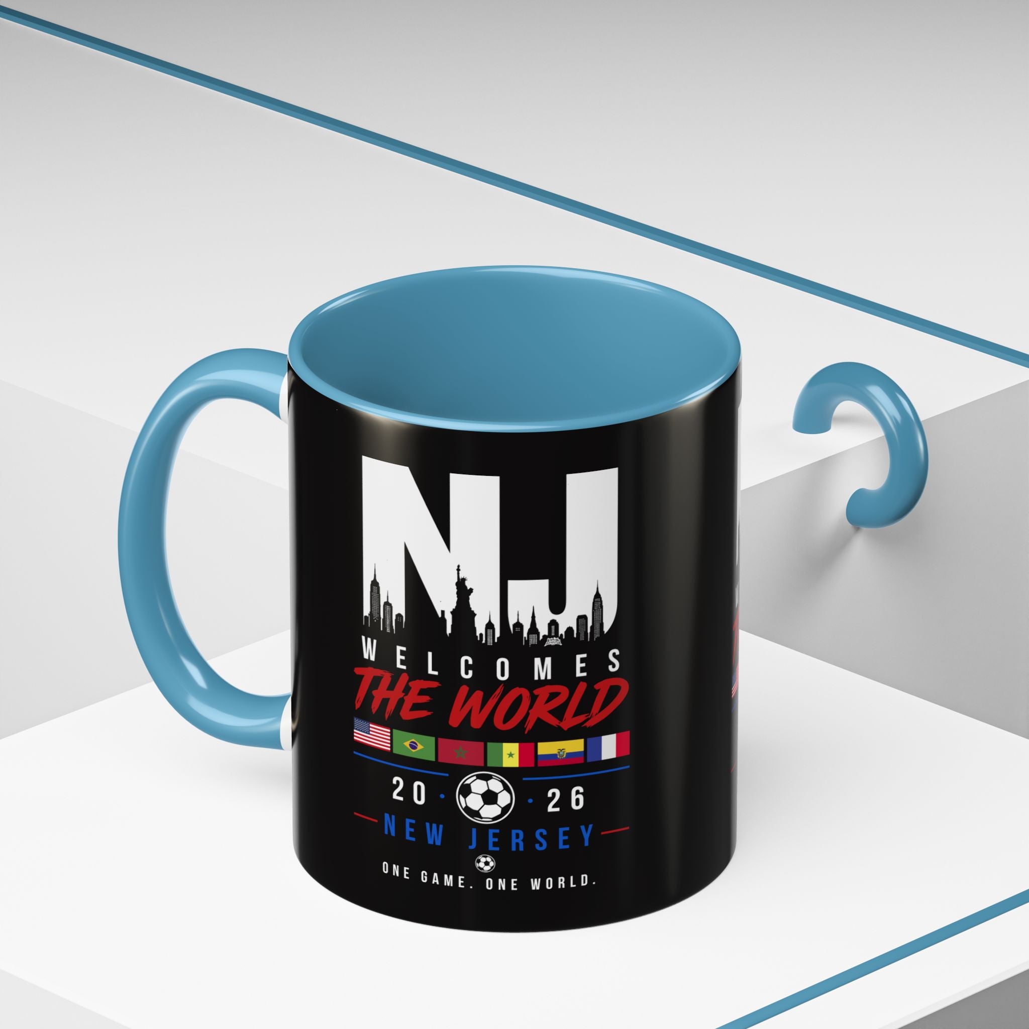 New Jersey Soccer World Cup Accent Coffee Mug — 'NJ Welcomes The World' 11/15oz