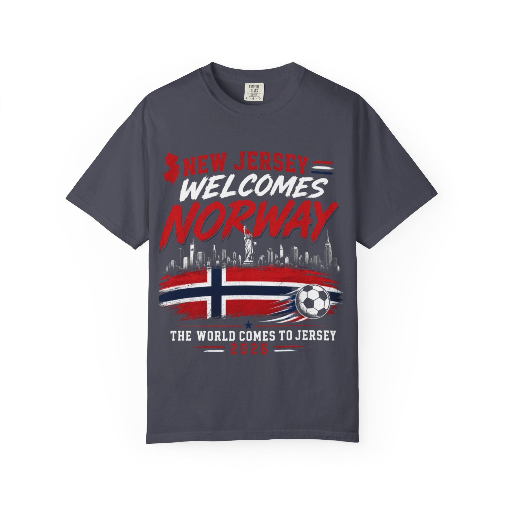 New Jersey Welcomes Norway T-Shirt | Norway Flag Soccer Jersey Skyline