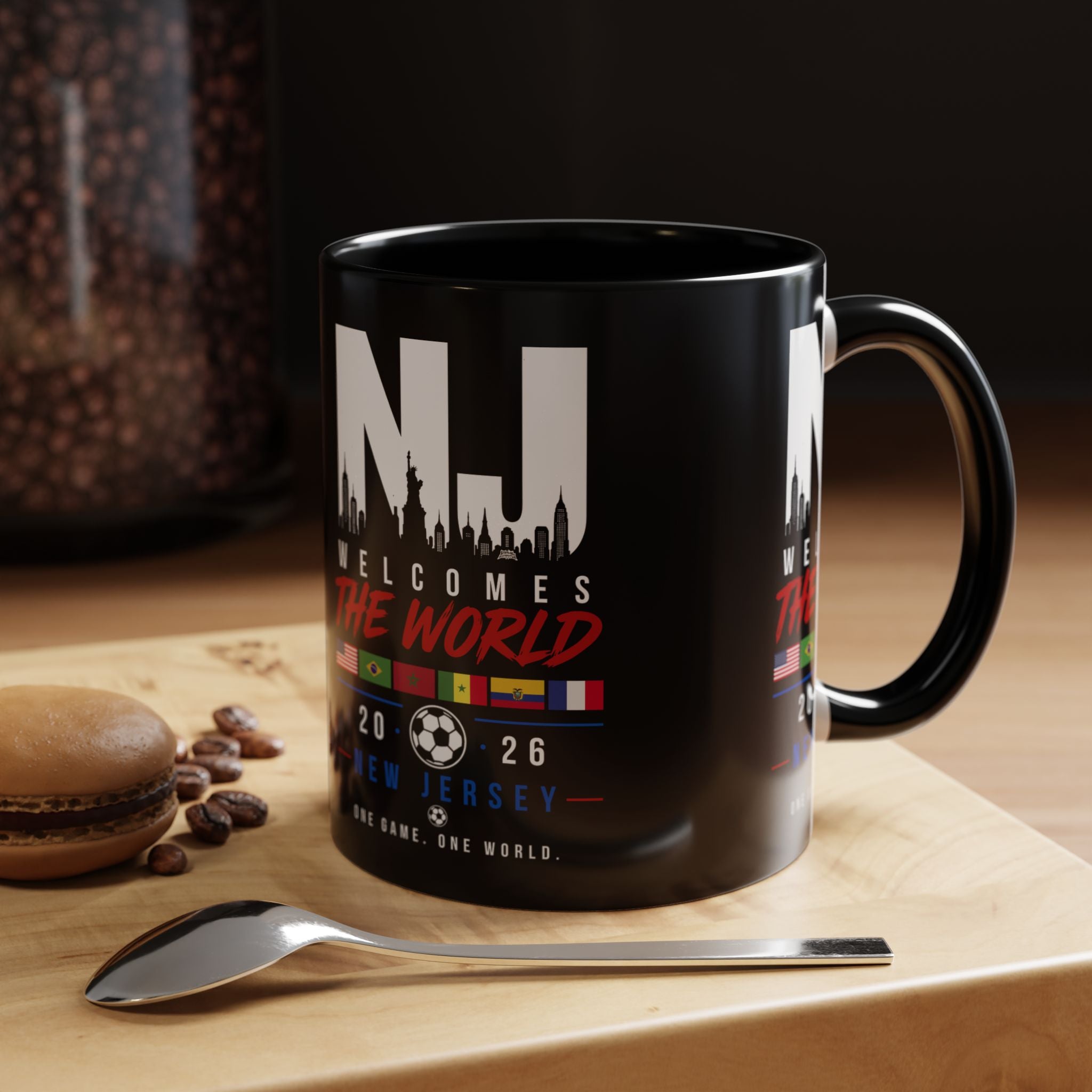 New Jersey Soccer World Cup Accent Coffee Mug — 'NJ Welcomes The World' 11/15oz