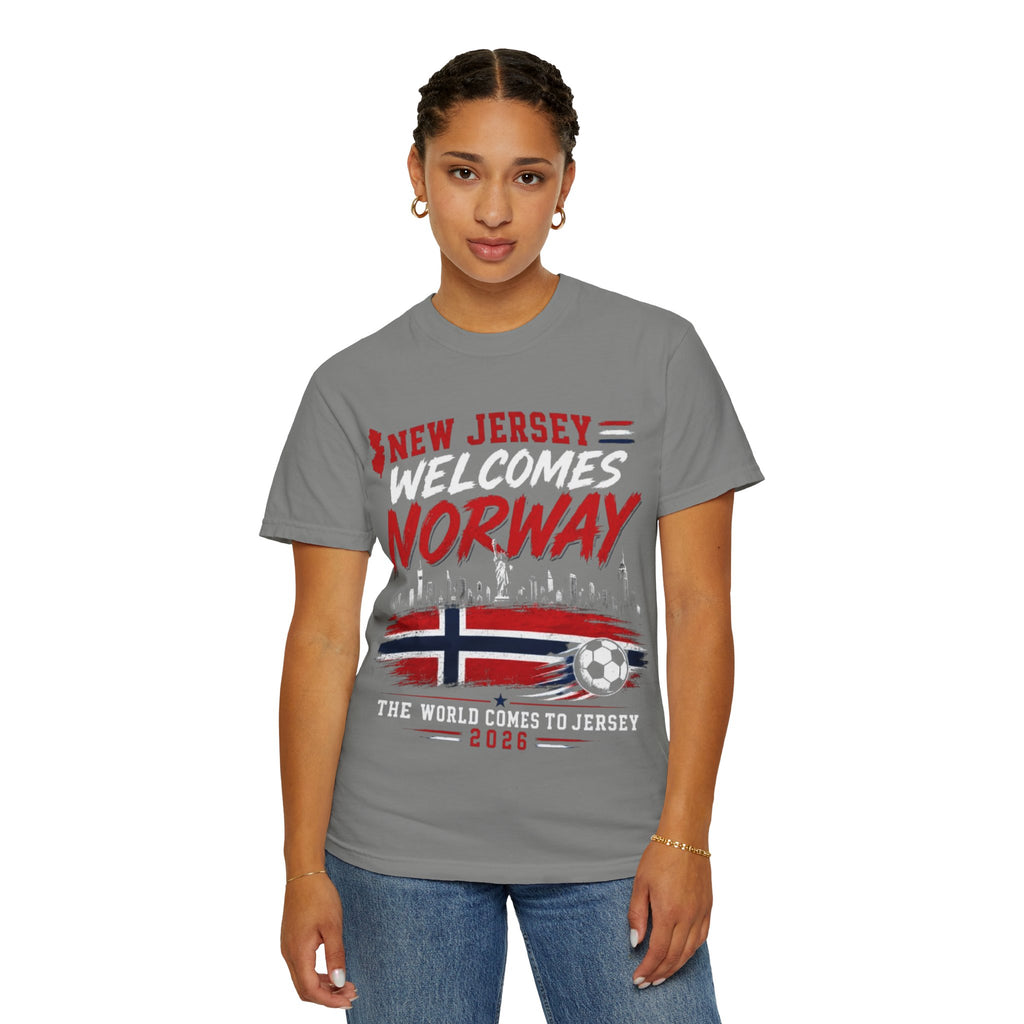 New Jersey Welcomes Norway T-Shirt | Norway Flag Soccer Jersey Skyline