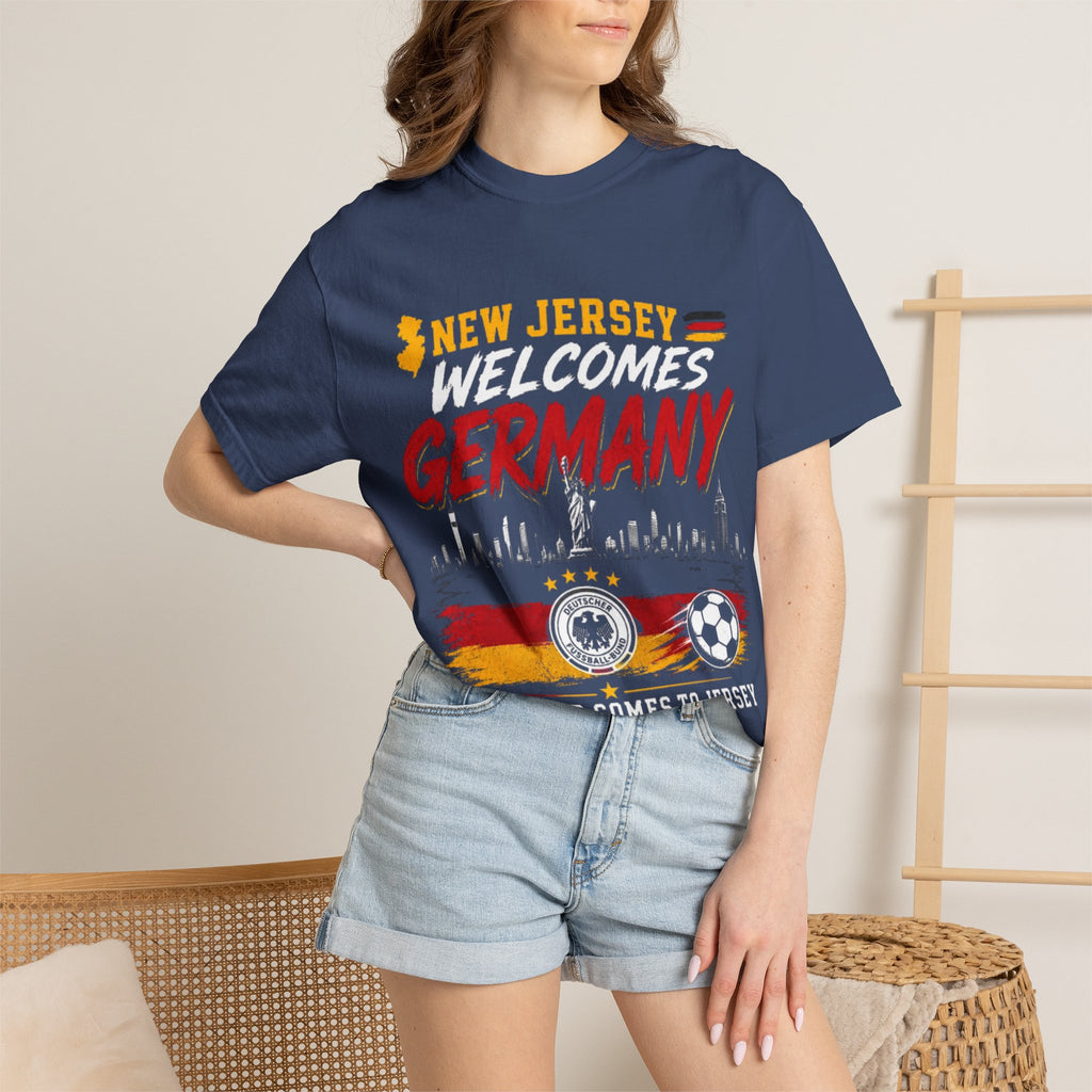 New Jersey Welcomes Germany T-Shirt | Soccer Flag Skyline Design