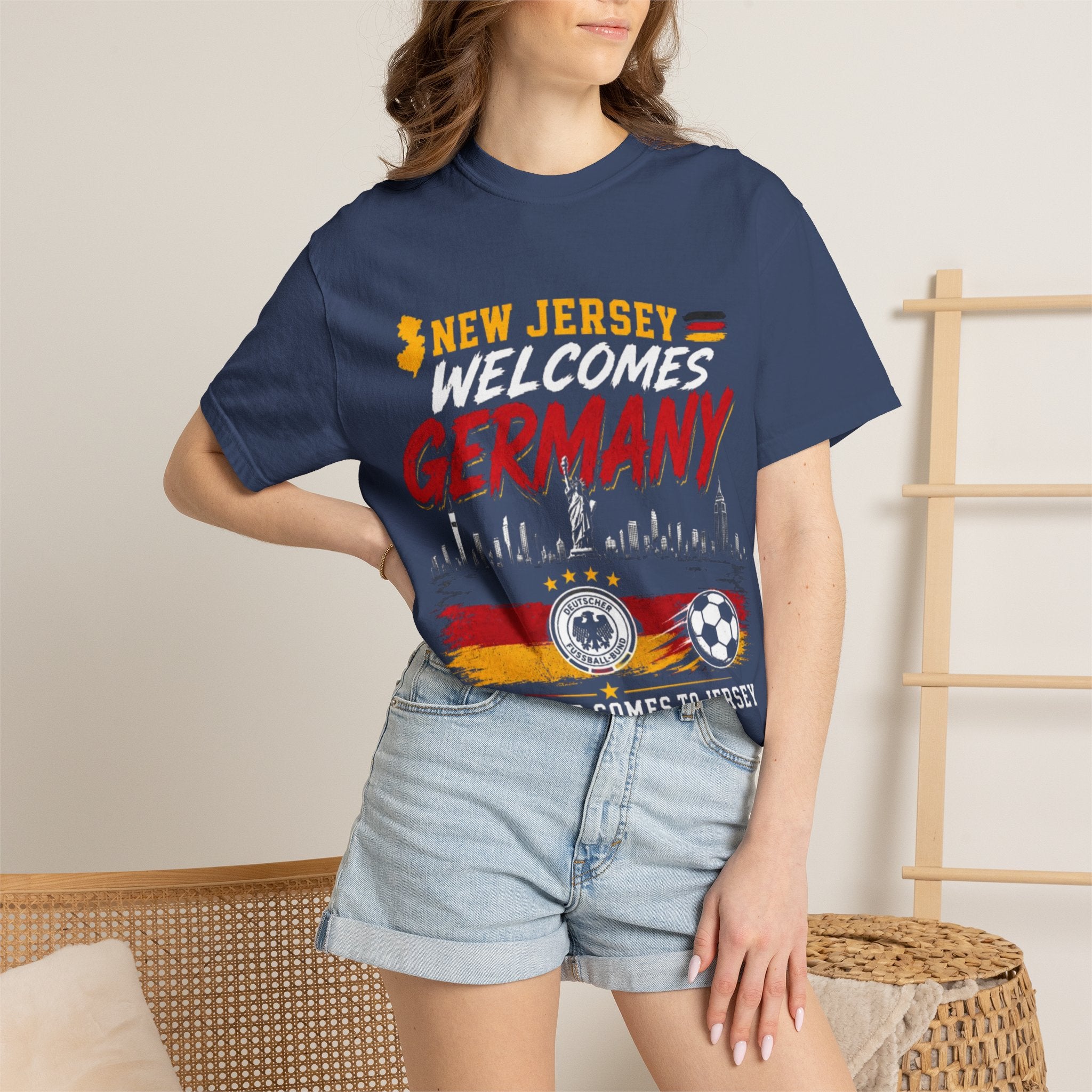 New Jersey Welcomes Germany T-Shirt | Soccer Flag Skyline Design