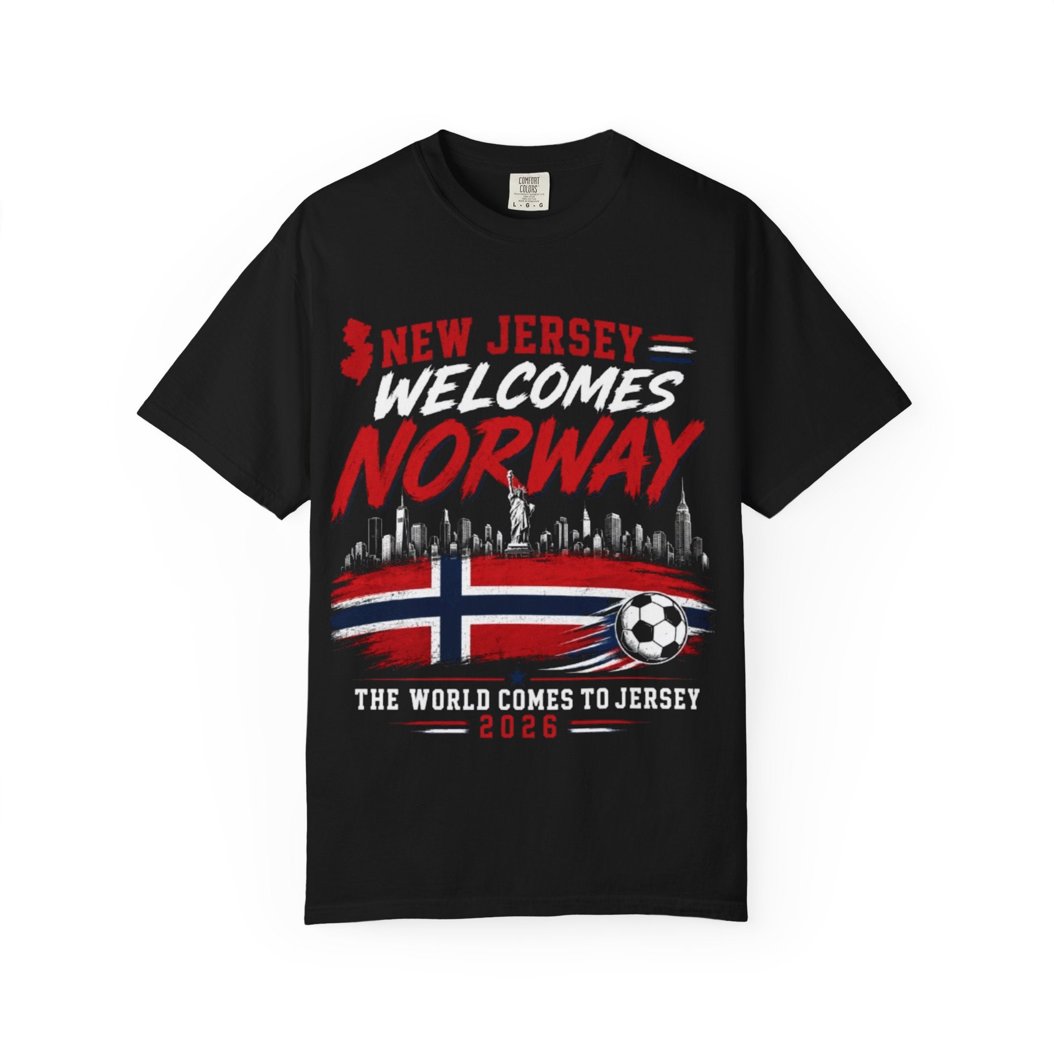New Jersey Welcomes Norway T-Shirt | Norway Flag Soccer Jersey Skyline