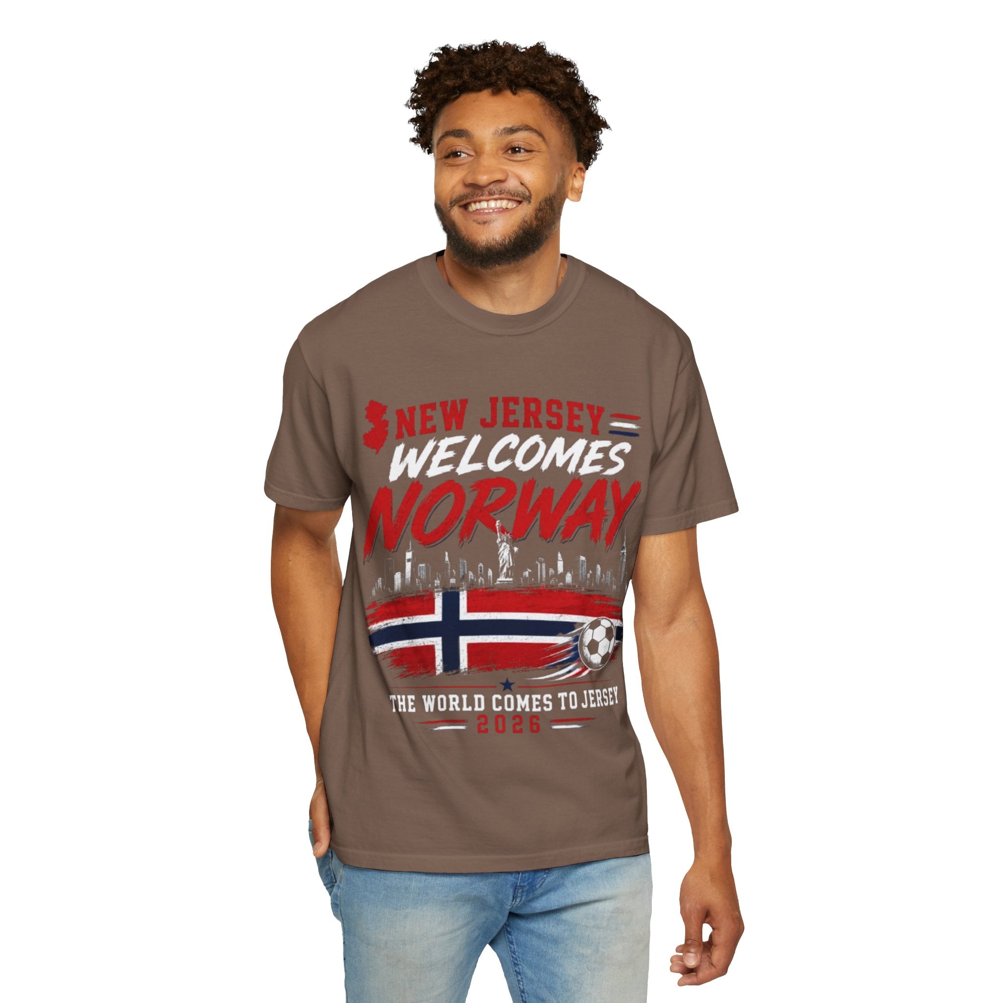 New Jersey Welcomes Norway T-Shirt | Norway Flag Soccer Jersey Skyline