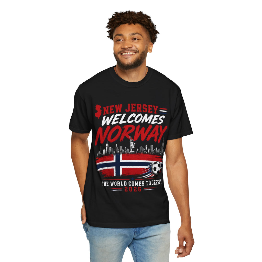 New Jersey Welcomes Norway T-Shirt | Norway Flag Soccer Jersey Skyline