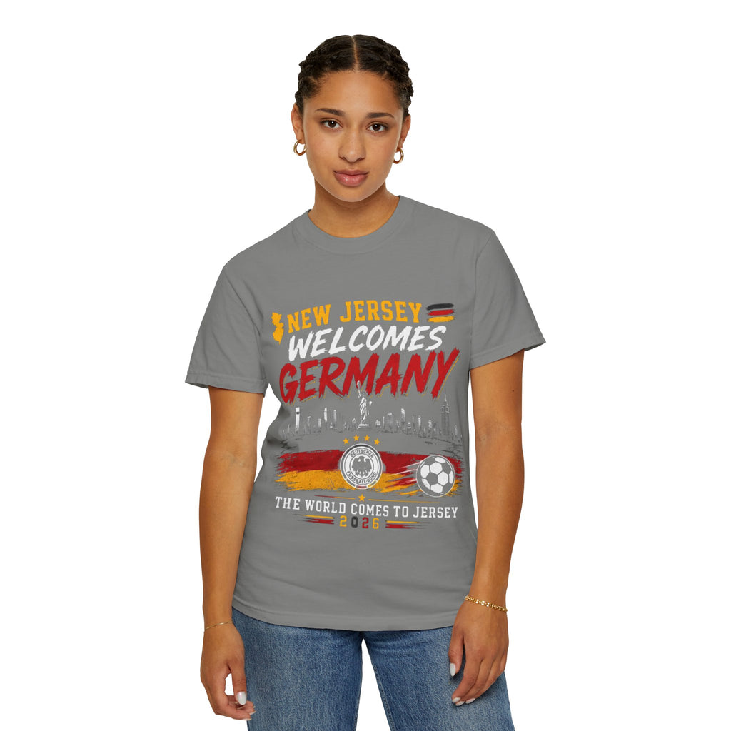 New Jersey Welcomes Germany T-Shirt | Soccer Flag Skyline Design