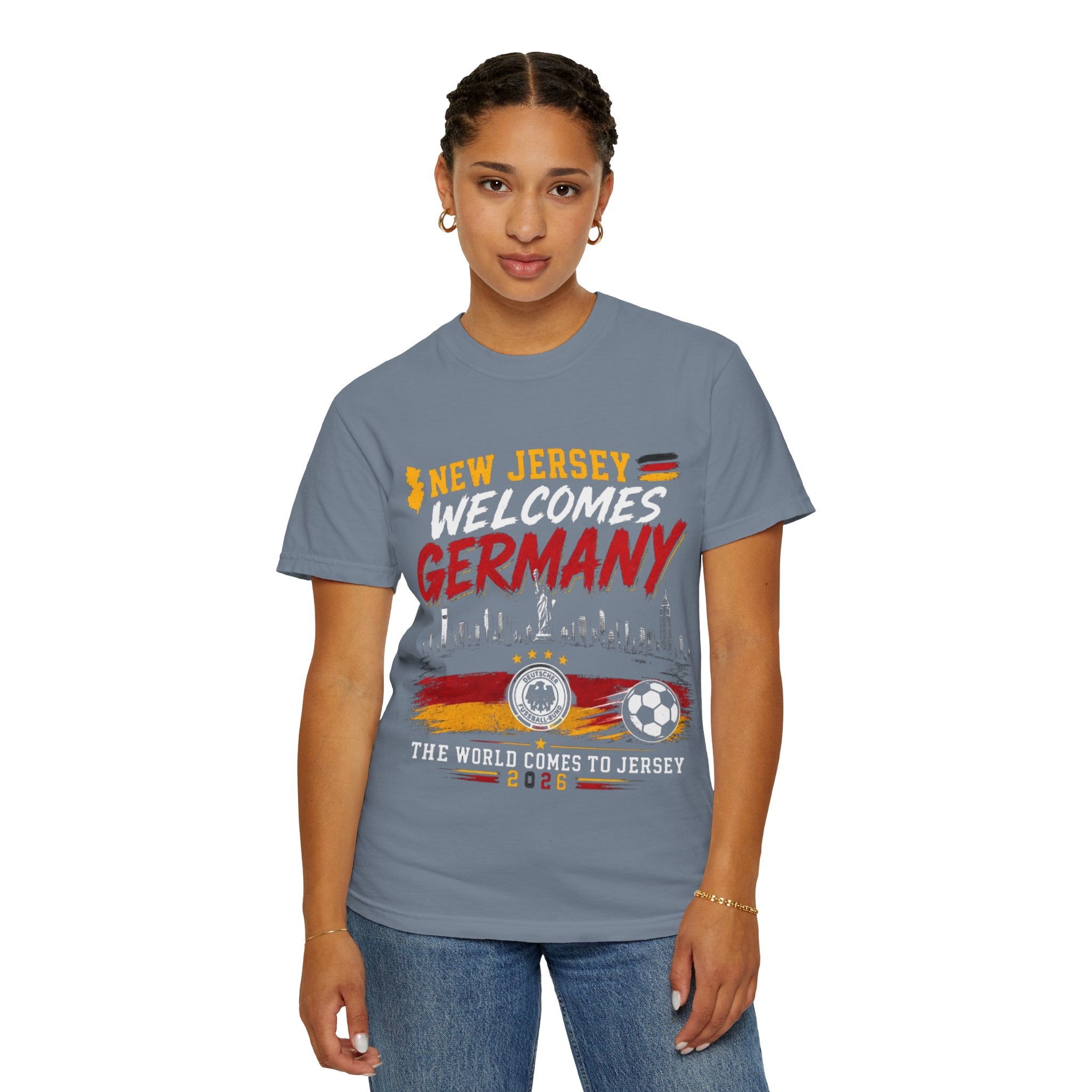 New Jersey Welcomes Germany T-Shirt | Soccer Flag Skyline Design