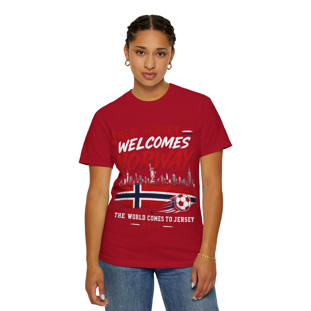 New Jersey Welcomes Norway T-Shirt | Norway Flag Soccer Jersey Skyline