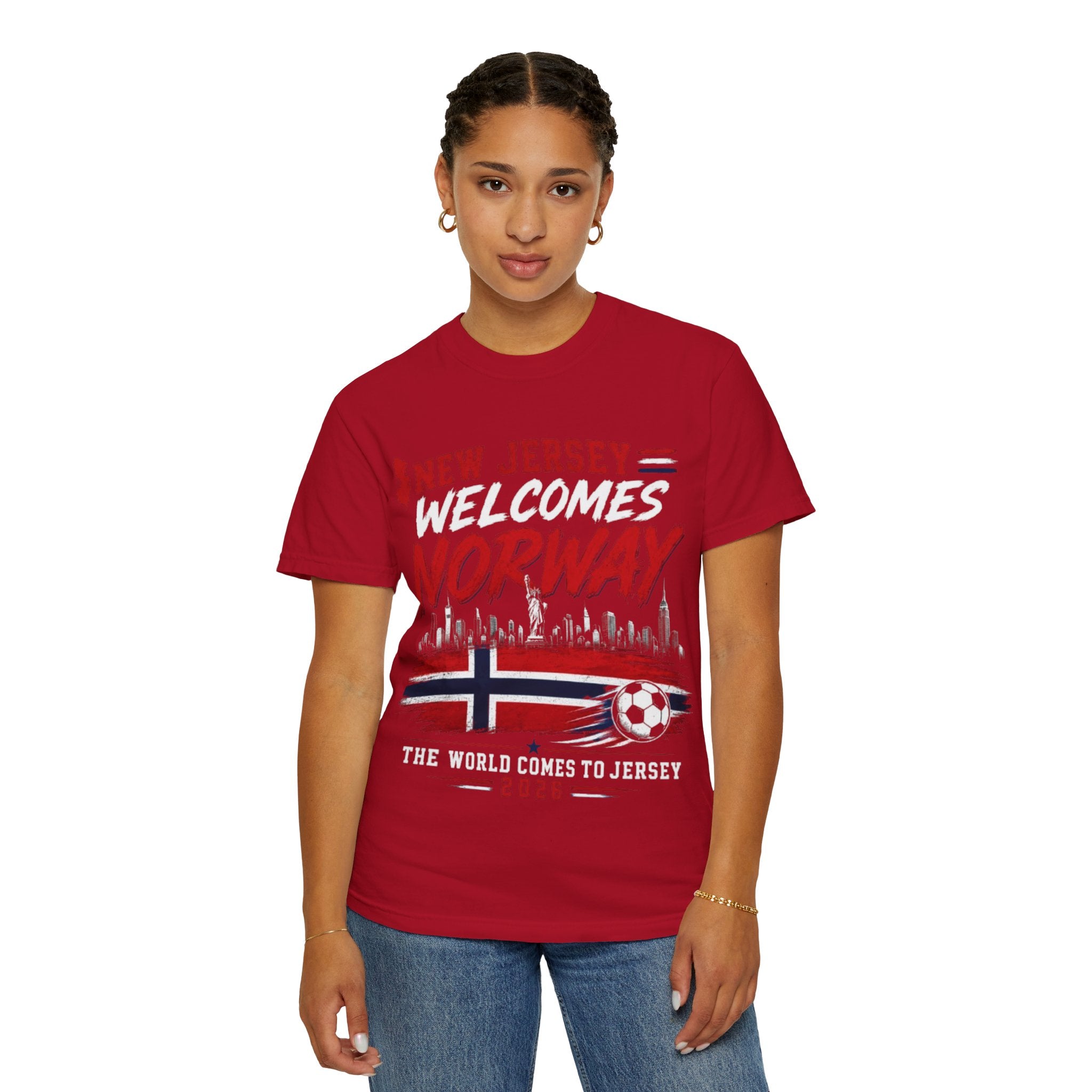 New Jersey Welcomes Norway T-Shirt | Norway Flag Soccer Jersey Skyline