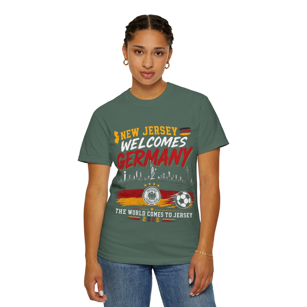 New Jersey Welcomes Germany T-Shirt | Soccer Flag Skyline Design