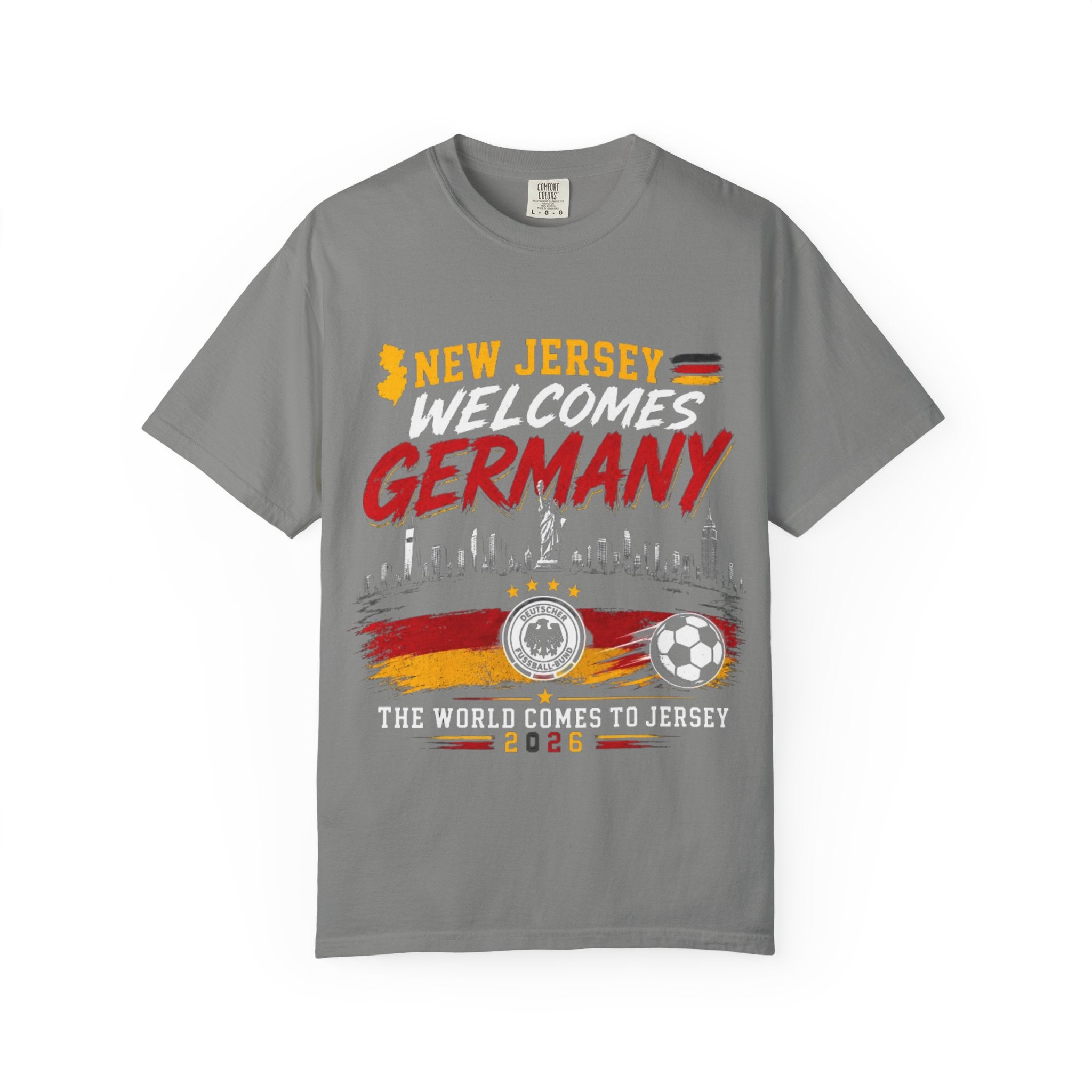 New Jersey Welcomes Germany T-Shirt | Soccer Flag Skyline Design