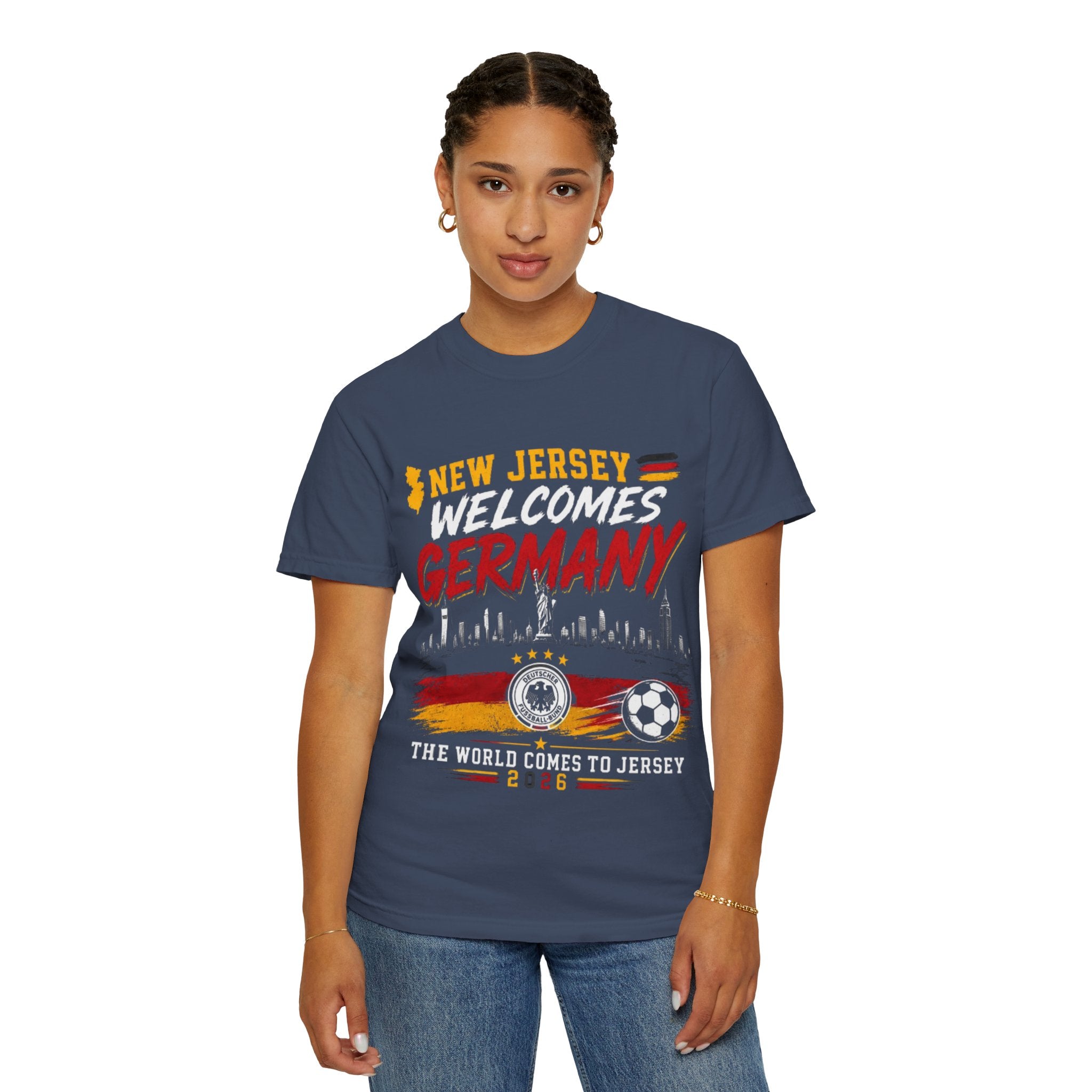 New Jersey Welcomes Germany T-Shirt | Soccer Flag Skyline Design