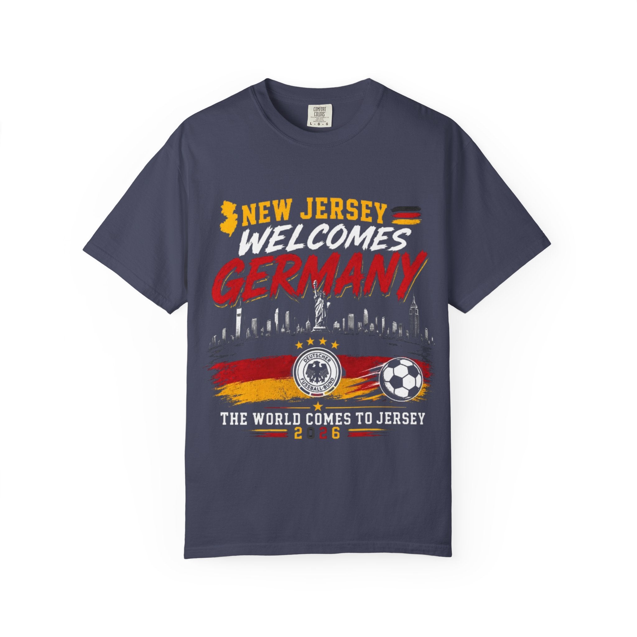 New Jersey Welcomes Germany T-Shirt | Soccer Flag Skyline Design