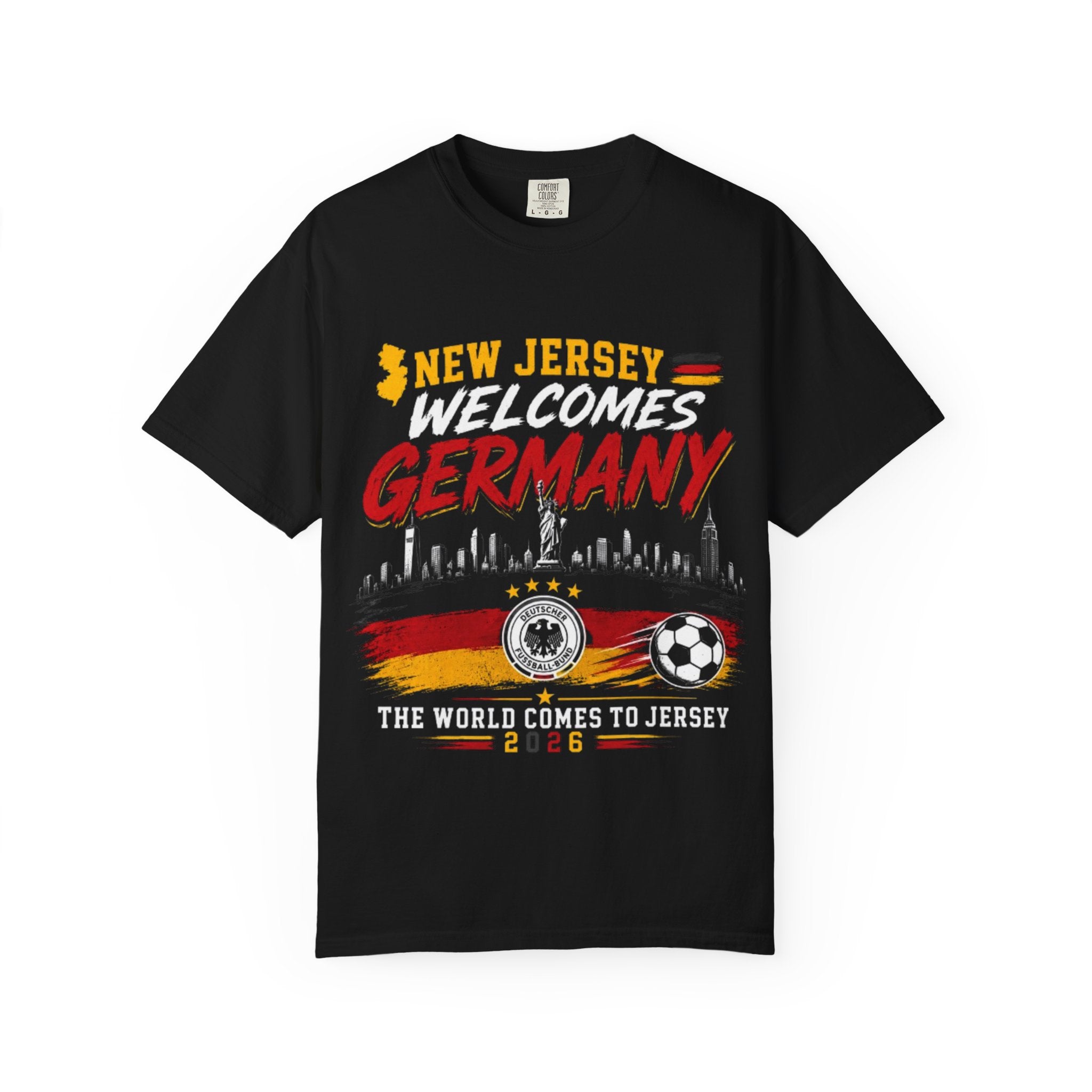 New Jersey Welcomes Germany T-Shirt | Soccer Flag Skyline Design