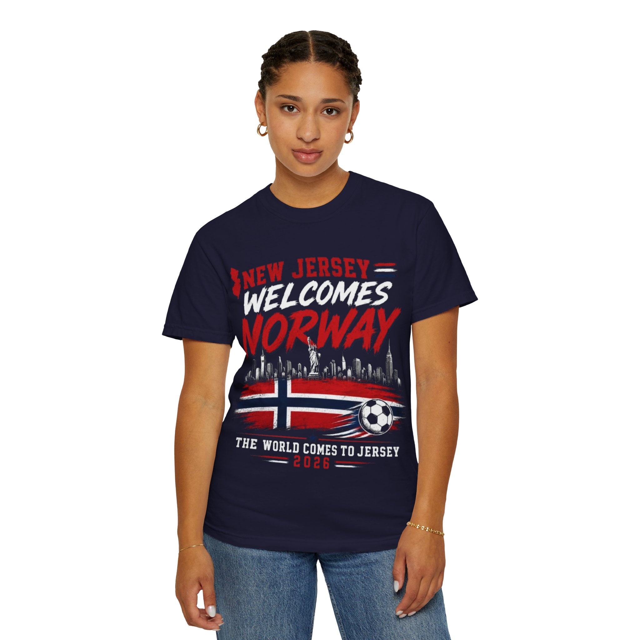 New Jersey Welcomes Norway T-Shirt | Norway Flag Soccer Jersey Skyline