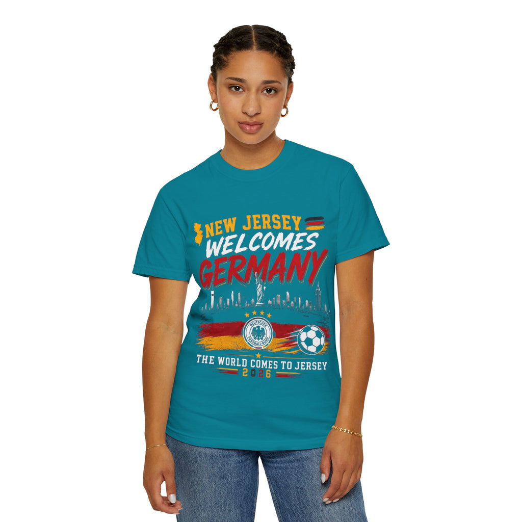 New Jersey Welcomes Germany T-Shirt | Soccer Flag Skyline Design