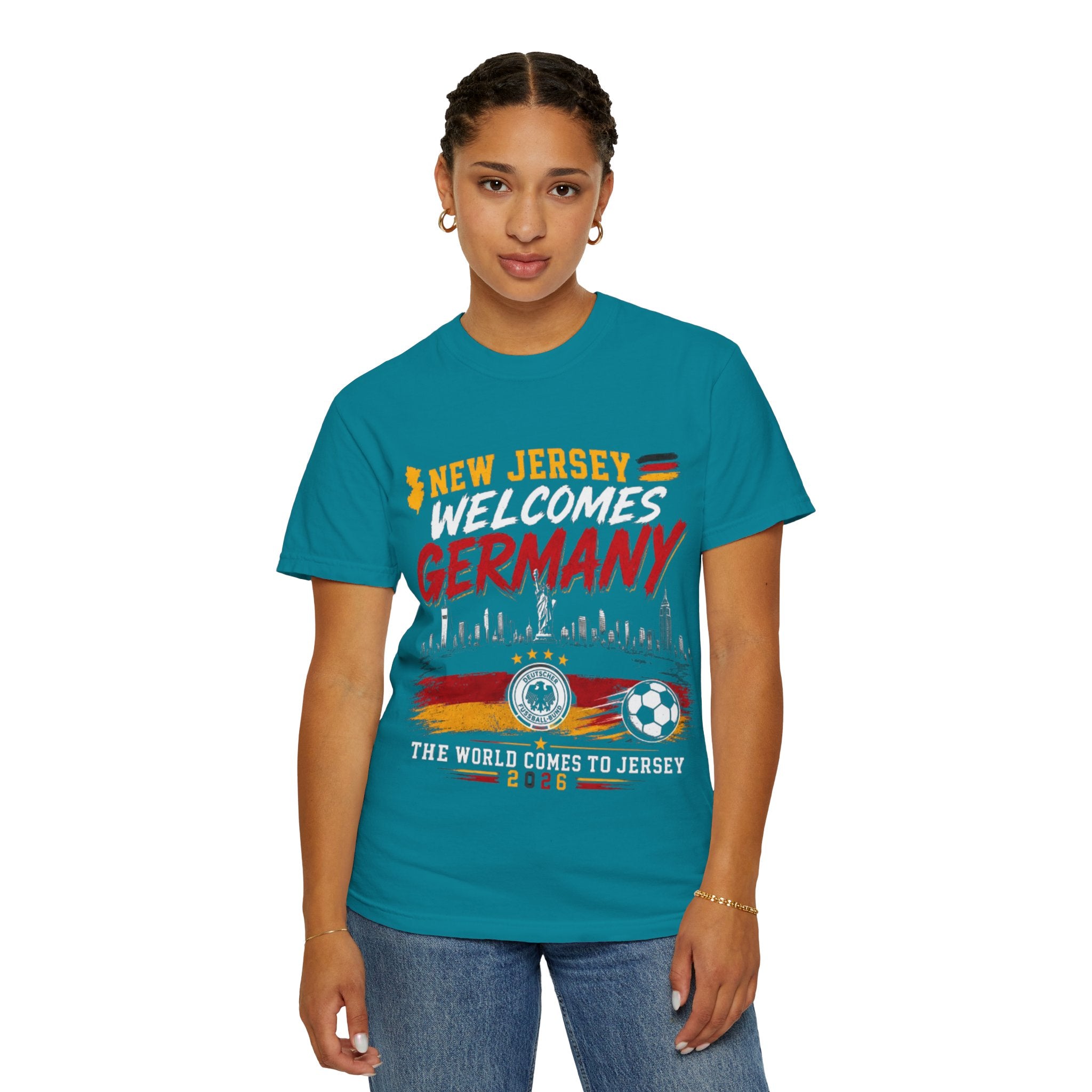 New Jersey Welcomes Germany T-Shirt | Soccer Flag Skyline Design