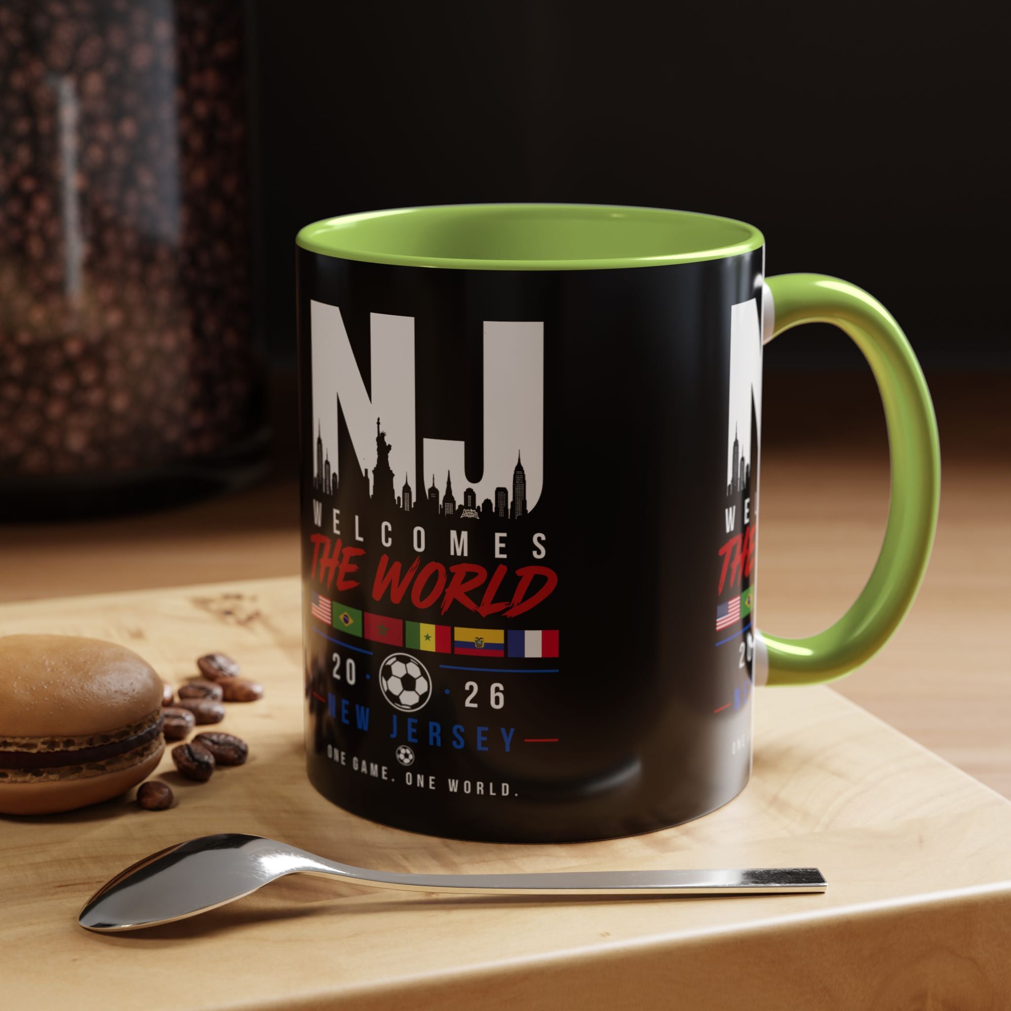 New Jersey Soccer World Cup Accent Coffee Mug — 'NJ Welcomes The World' 11/15oz