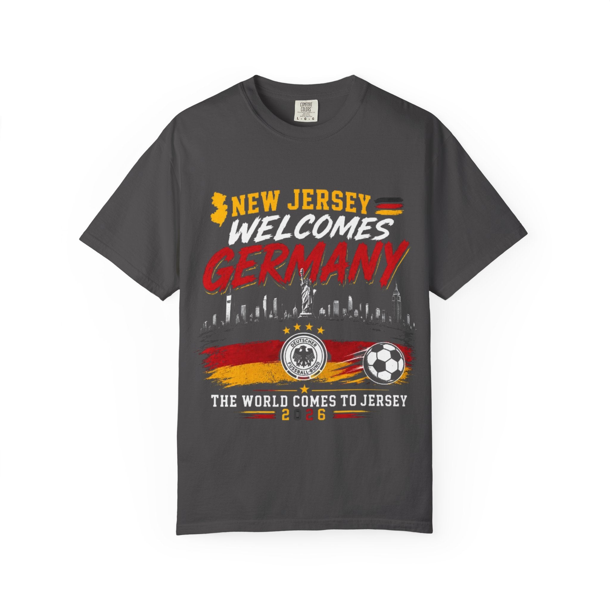 New Jersey Welcomes Germany T-Shirt | Soccer Flag Skyline Design
