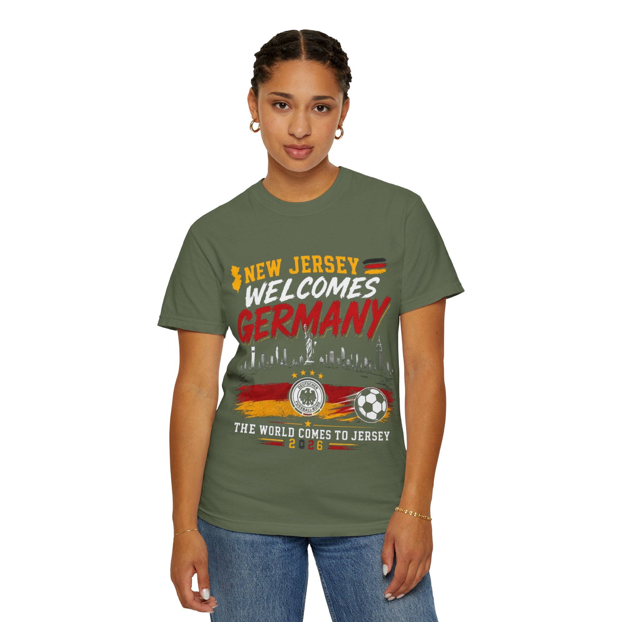 New Jersey Welcomes Germany T-Shirt | Soccer Flag Skyline Design