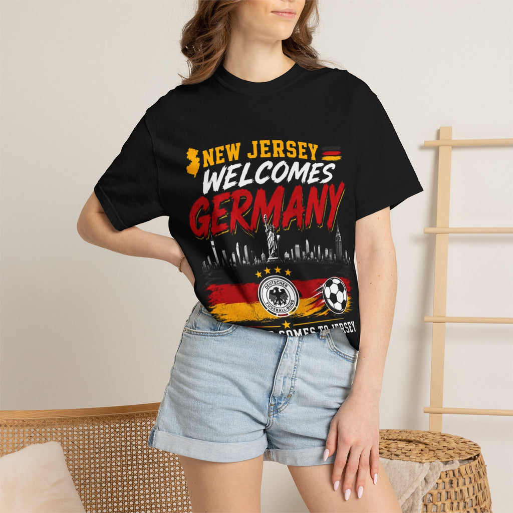 New Jersey Welcomes Germany T-Shirt | Soccer Flag Skyline Design