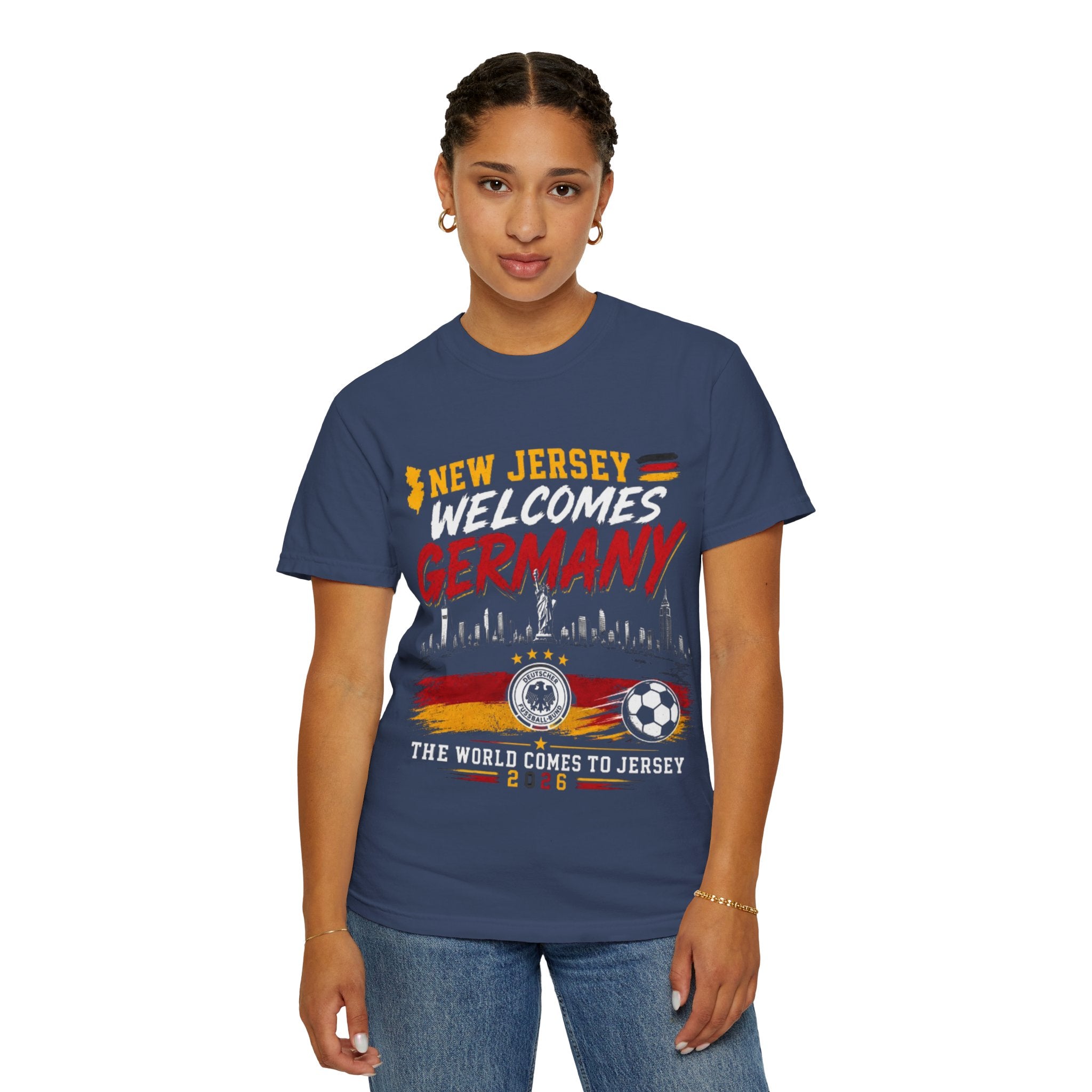 New Jersey Welcomes Germany T-Shirt | Soccer Flag Skyline Design