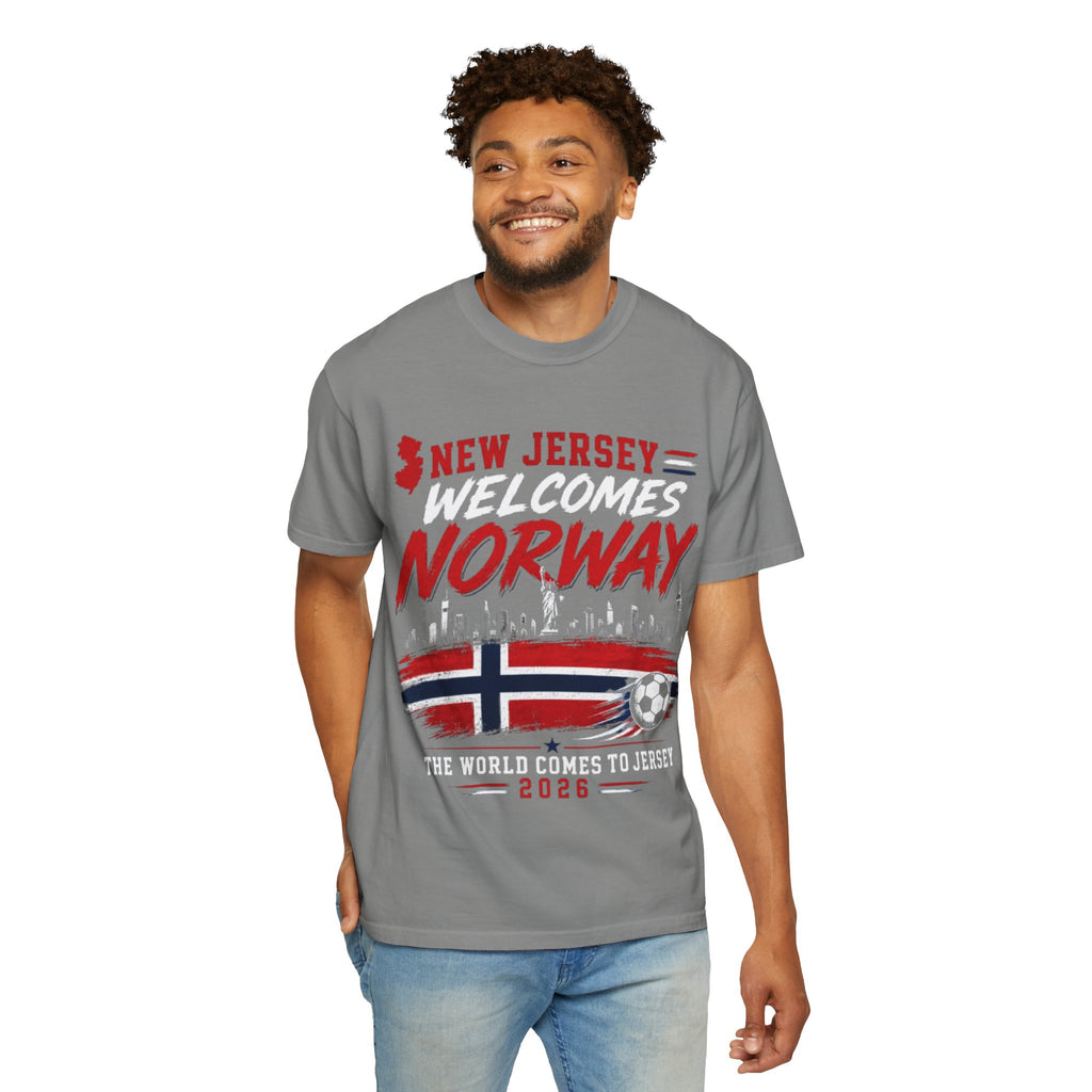 New Jersey Welcomes Norway T-Shirt | Norway Flag Soccer Jersey Skyline