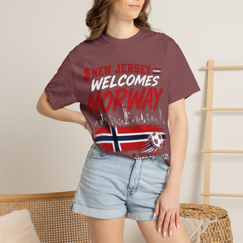 New Jersey Welcomes Norway T-Shirt | Norway Flag Soccer Jersey Skyline
