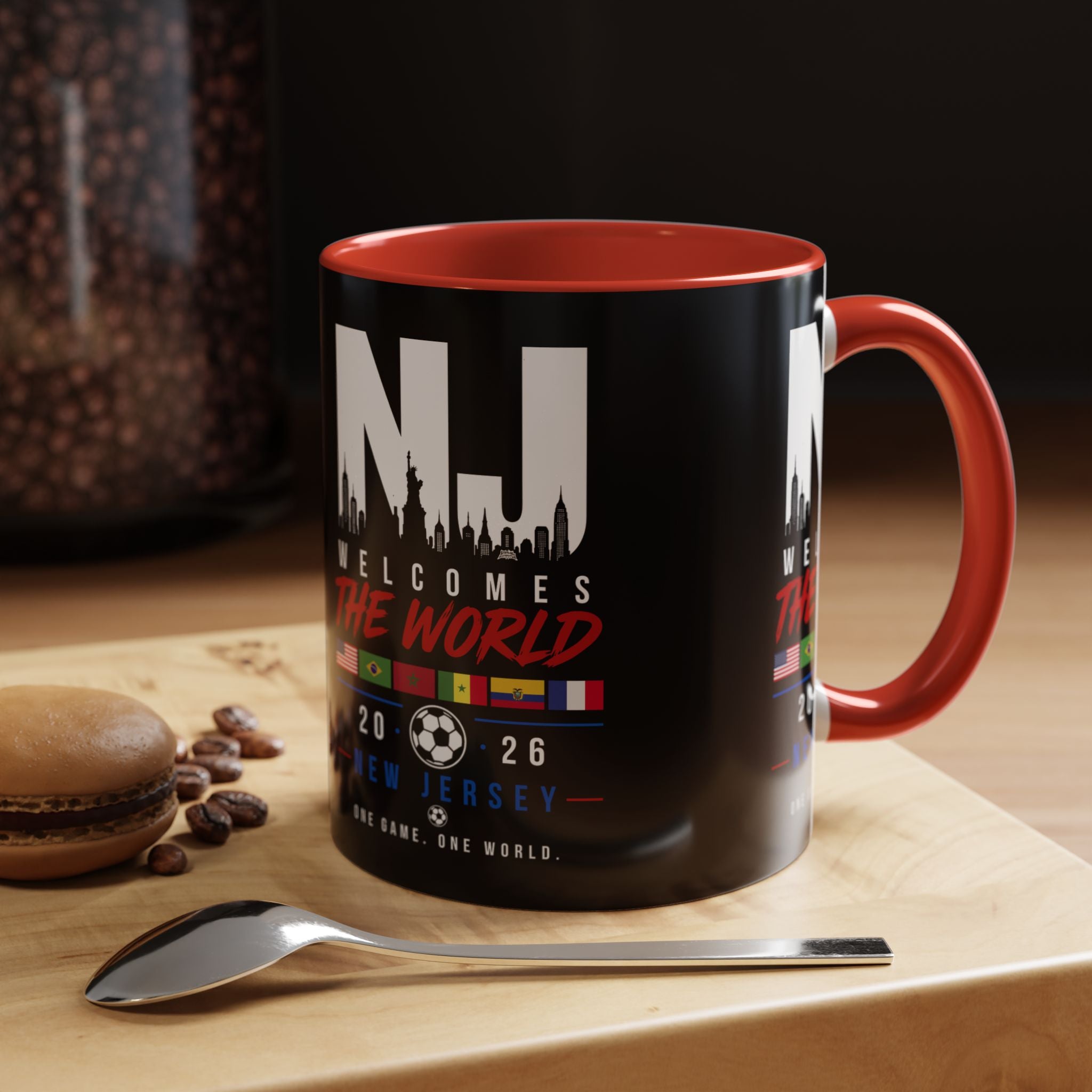 New Jersey Soccer World Cup Accent Coffee Mug — 'NJ Welcomes The World' 11/15oz