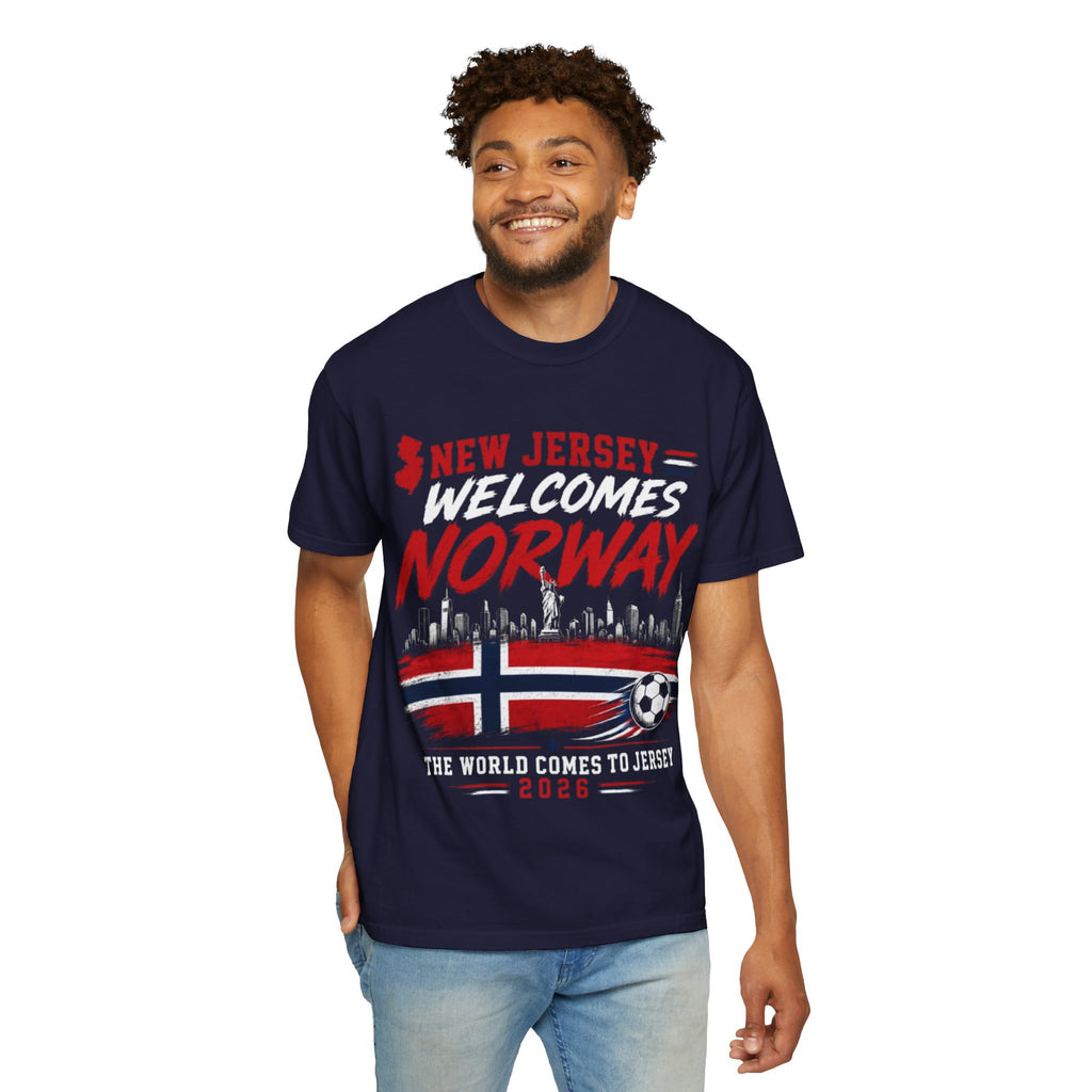 New Jersey Welcomes Norway T-Shirt | Norway Flag Soccer Jersey Skyline