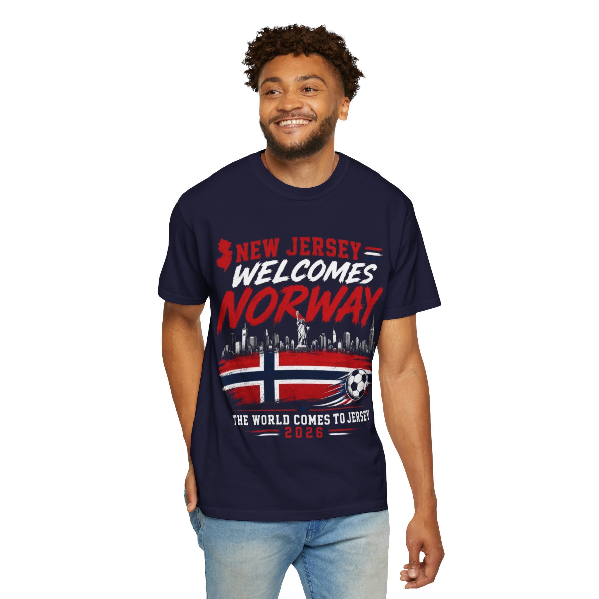 New Jersey Welcomes Norway T-Shirt | Norway Flag Soccer Jersey Skyline