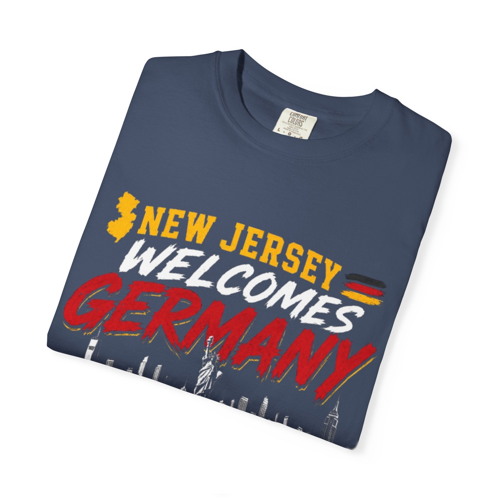 New Jersey Welcomes Germany T-Shirt | Soccer Flag Skyline Design