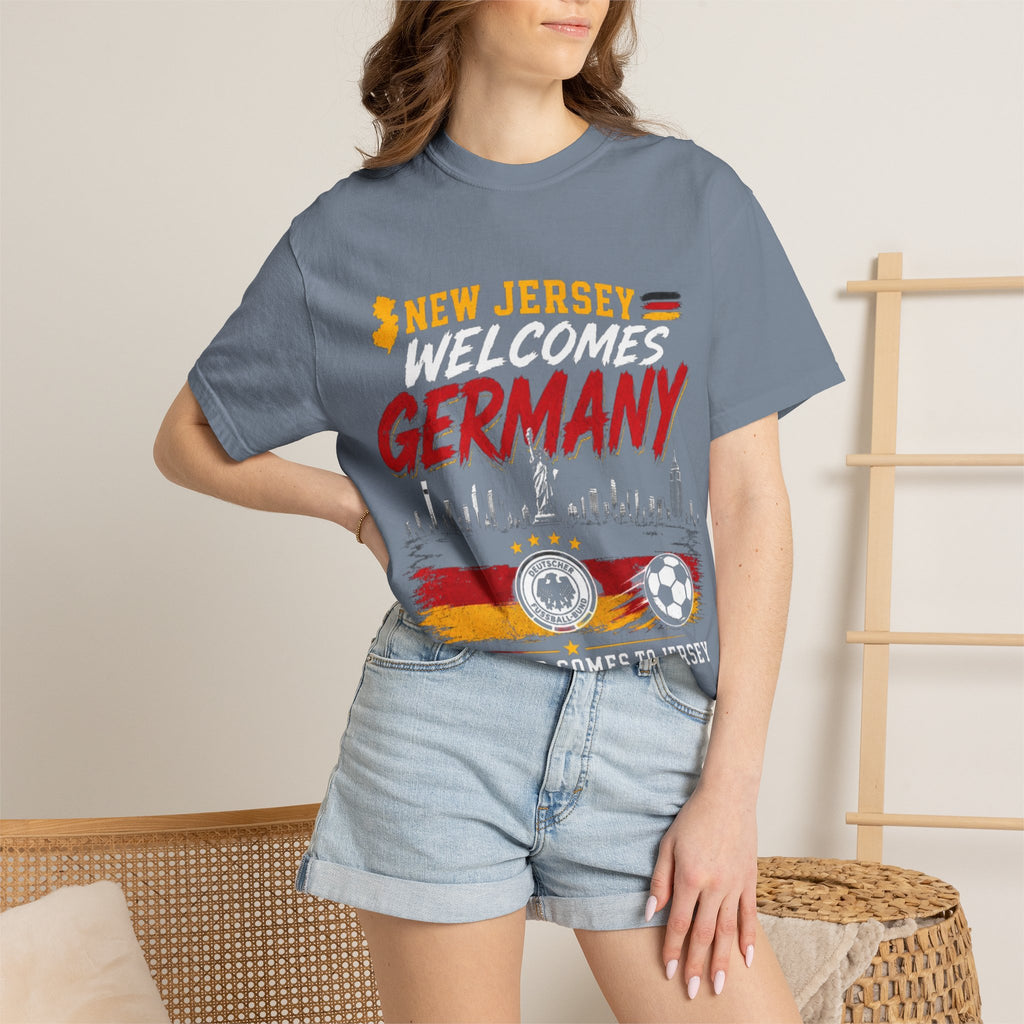New Jersey Welcomes Germany T-Shirt | Soccer Flag Skyline Design